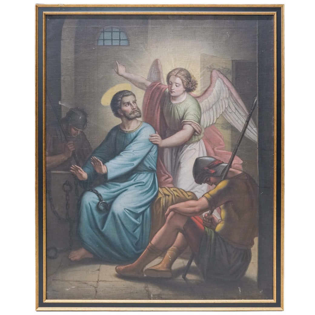Antique Biblical Acts 12 Oil Painting: Antique Biblical Acts 12 Oil Painting 19th c., Europe Antique oil on canvas Biblical painting illustrating Acts 12, in which an angel of the Lord intervenes to free Peter from prison. It depicts the m