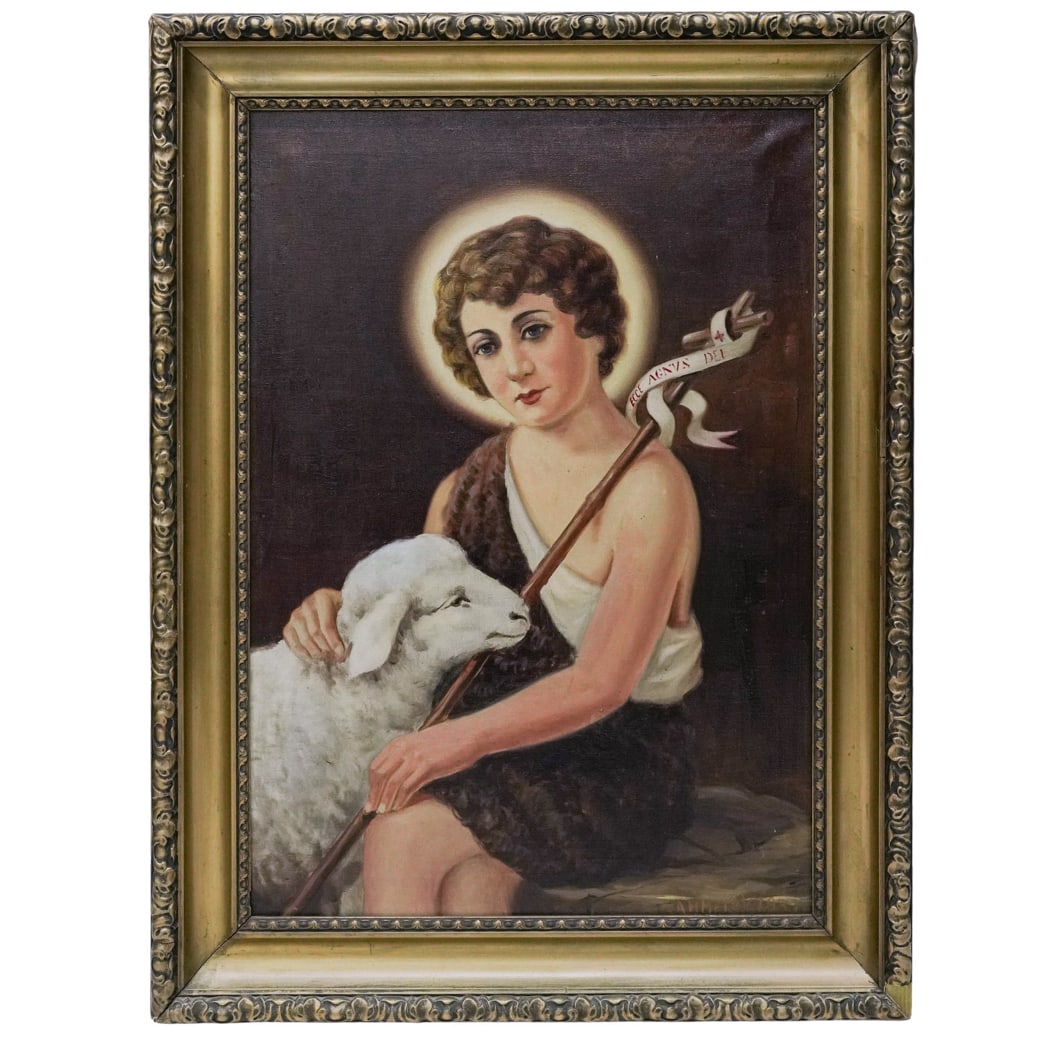 Antique Young Saint John the Baptist Oil Painting: Antique Young Saint John the Baptist Oil Painting 1932, Europe Oil on canvas painting of Saint John the Baptist as a child, wearing a simple garment of camel’s hair, referencing his time as a hermit