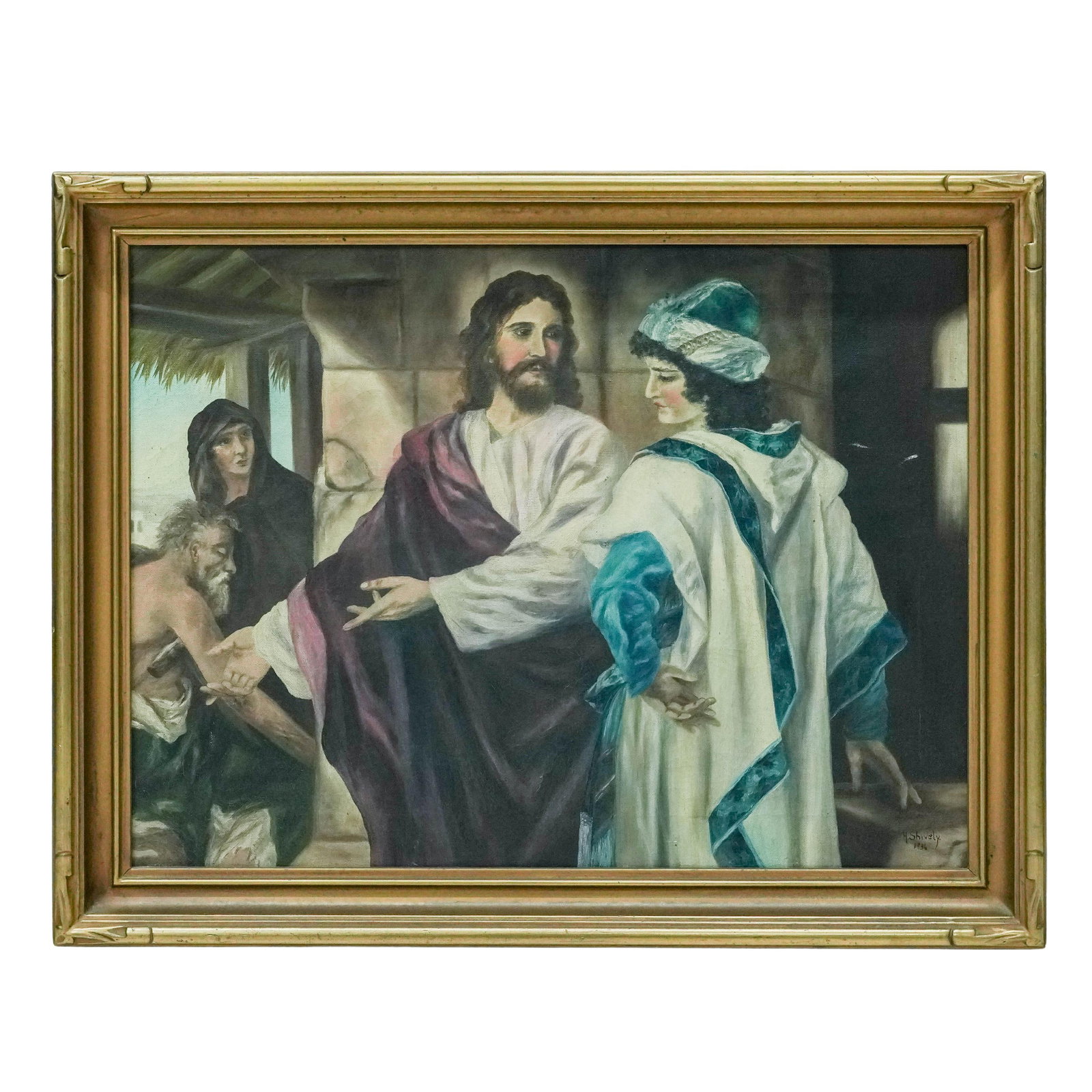 Hazel Shively (American, 1892-1981), 'Christ and the Rich Young Ruler' Oil on Canvas: Hazel Shively (American, 1892-1981), 'Christ and the Rich Young Ruler' Oil on Canvas 1936, USA Religious figural composition depicting Christ in conversation with the Rich Young Ruler, inspired by the
