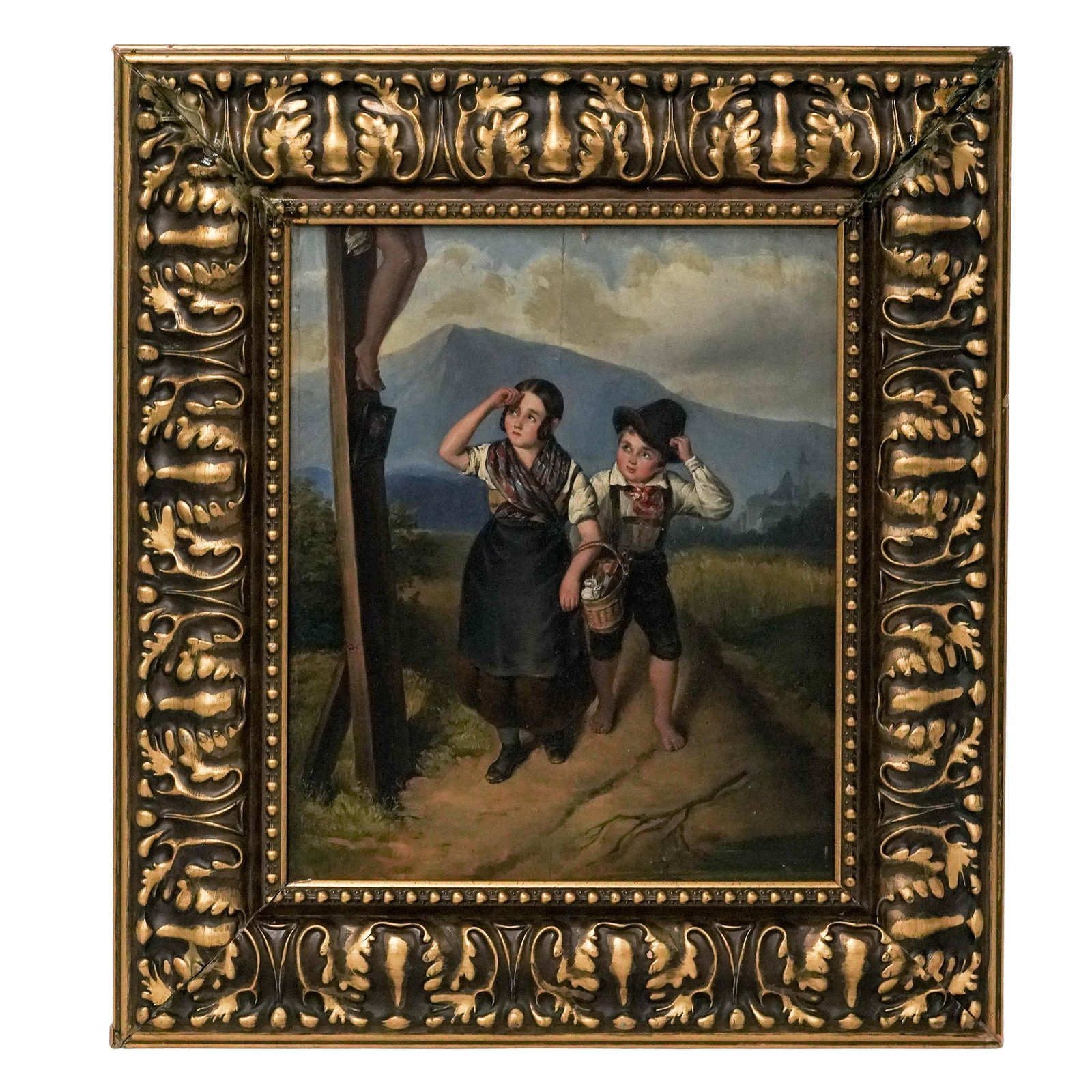 Antique Joh Hall, 'Children At Foot Of Cross' Oil On Panel: Antique Joh Hall, 'Children At Foot Of Cross' Oil On Panel 1860, Continental. Depicting two peasant children standing beneath a roadside crucifix in an alpine landscape, rendered in the 19th-century E