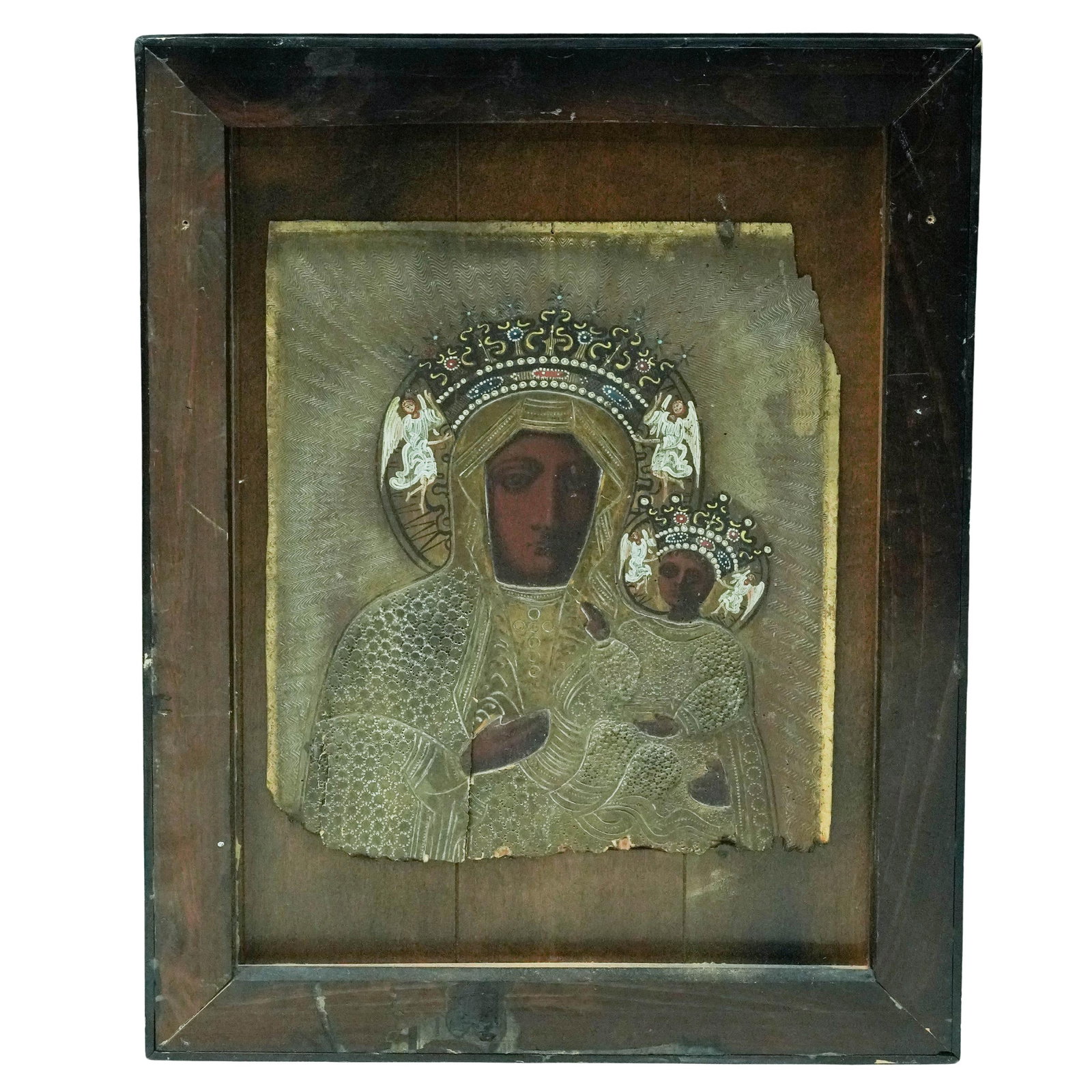 Antique 'Our Lady of Czestochowa', Mixed Metal on Board: Antique 'Our Lady of Czestochowa', Mixed Metal on Board 19th Century, Eastern Europe Devotional icon depicting the Black Madonna of Czestochowa with Christ Child, featuring painted faces beneath an em