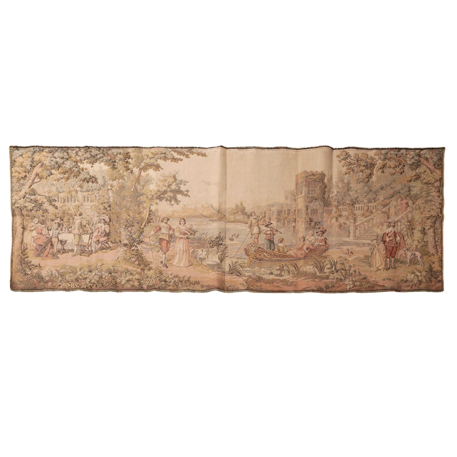 Antique French Pictorial "Aubusson" Woven Tapestry: Antique French Pictorial "Aubusson" Woven Tapestry Late 19th to Early 20th. France The tapestry depicts scenes of social gathering and courtship. One group is seen on a small boat or gondola on a calm