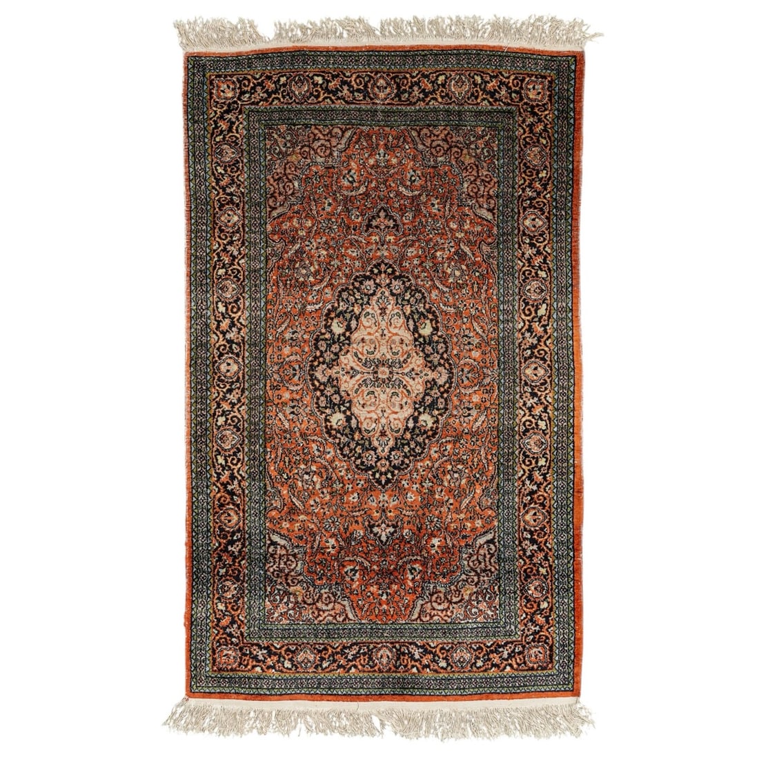 Persian Kashan Wool Rug: Persian Kashan Wool Rug early 20th century, Persian A Persian Kashan wool rug. Features a shimmery, burnt orange field with a lobed central medallion and graceful, flowing vines, palmettes, rosette mo