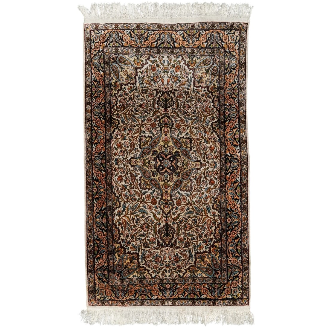 Kashmiri Silk on Wool Rug: Kashmiri Silk on Wool Rug 20th century, Indian A Kashmiri silk on wool rug. Persian-influenced design, Kashmir style, featuring a dense, "all-over" floral composition centered around a prominent medal