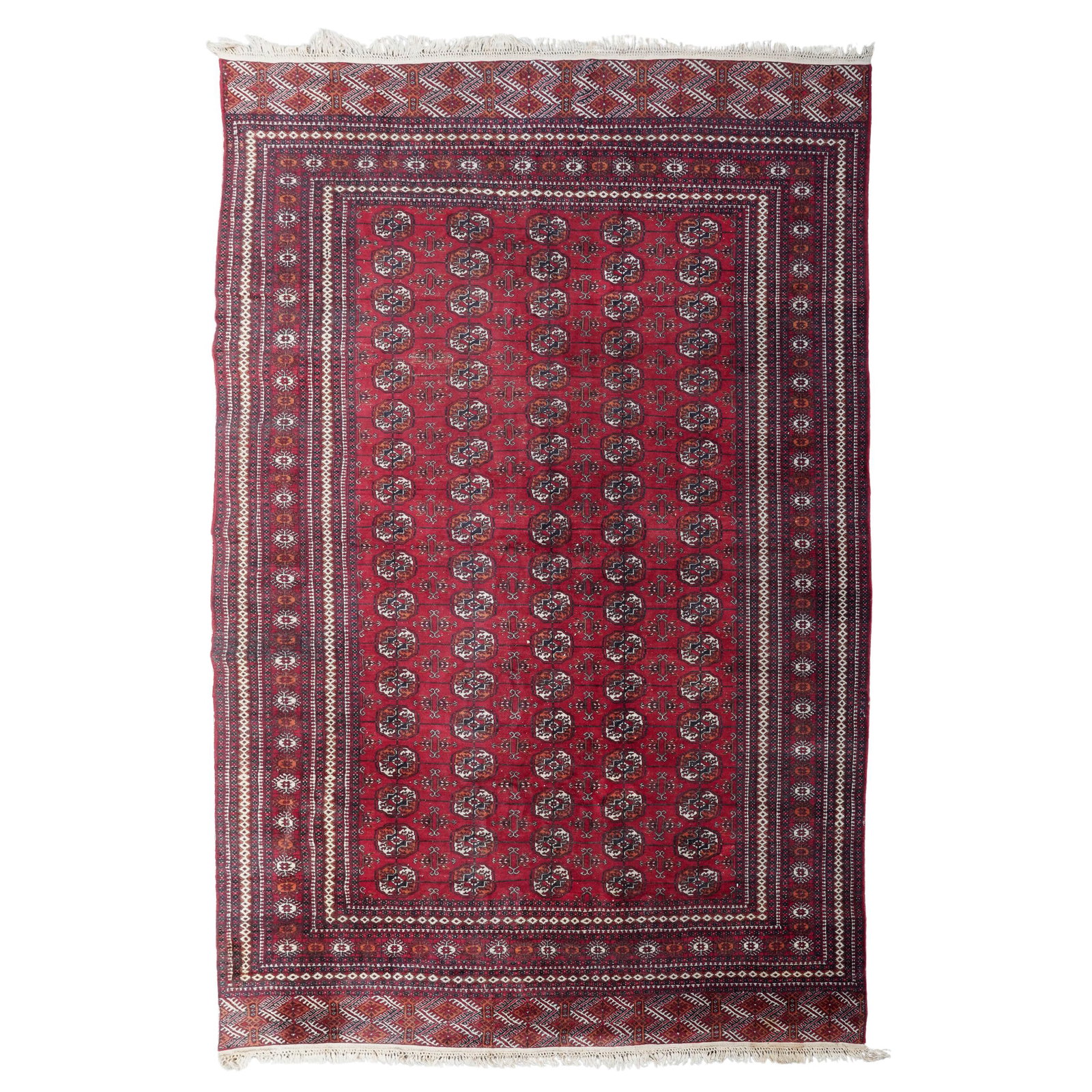 Turkmen Bokhara Wool Rug: Turkmen Bokhara Wool Rug 20th century, Turkmenistan This hand-knotted Bokhara Turkmen rug features a classic tribal aesthetic, characterized by a deep madder red or oxblood field that serves as a rich