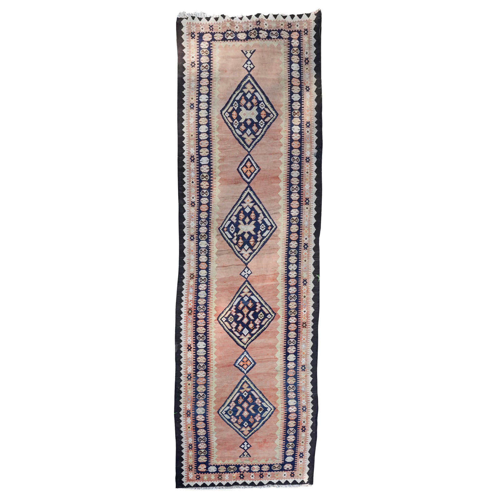 Turkish Oushak Kilim Flat Weave Wool Runner Rug: Turkish Oushak Kilim Flat Weave Wool Runner Rug 20th century, Turkish Turkish Oushak wool runner rug with a Kilim style flat weave. Hand-knotted designs including four large diamonds with geometric mo