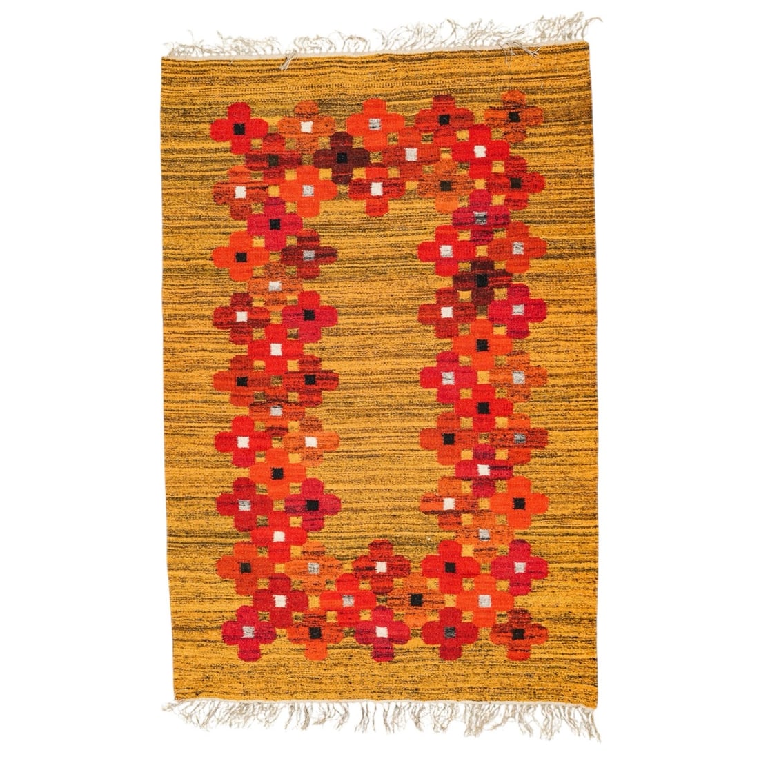 ZWW Polish Folk Kilim Rug: ZWW Polish Folk Kilim Rug 20th century, Polish ZWW (Zakopianskie Warsztaty Wzorcowe) Polish folk artist designed flat weave kilim rug. Yellow field with red, pink, and orange repeating floral motifs.