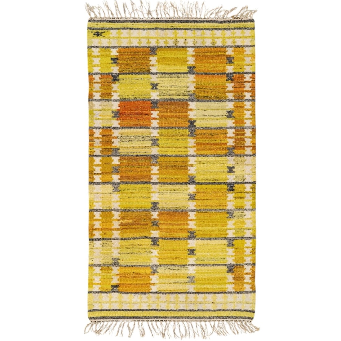 Wanda Krakow Polish Wool Kilim Rug: Wanda Krakow Polish Wool Kilim Rug Mid to late 20th century, Polish A Polish wool flat-weave Kilim rug in a sunny yellow color palette by Wanda Krakow. Signed in bottom corner. L (w/o tassels) 51" x W