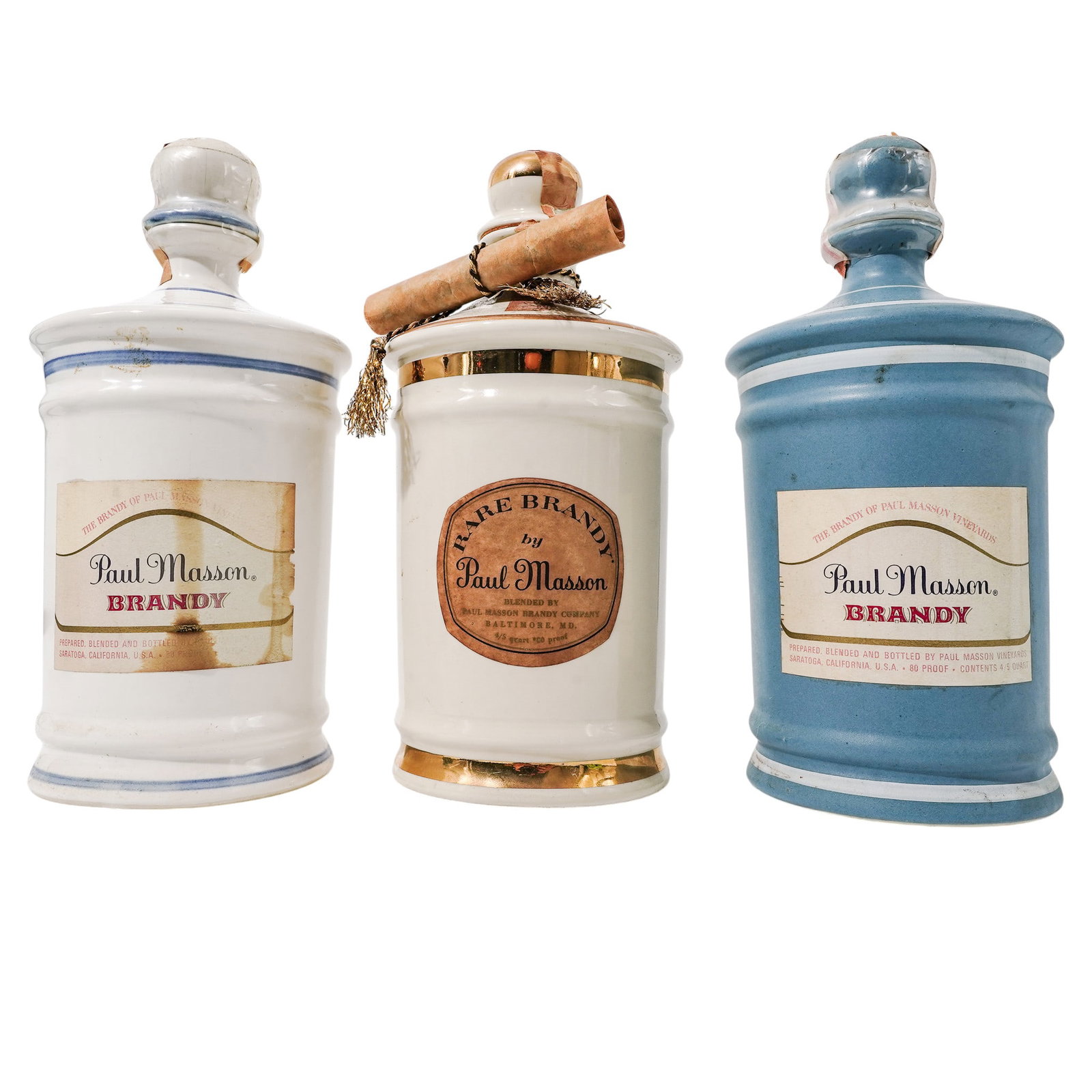 (3 Pc) Vintage Paul Masson Brandy Decanters: (3 Pc) Vintage Paul Masson Brandy Decanters 1960s-1970s, USA Vintage collectible ceramic Paul Masson Series 70, Series 75, and Rare Brandy decanters. The apothecary-style bottles feature a “Spirit V