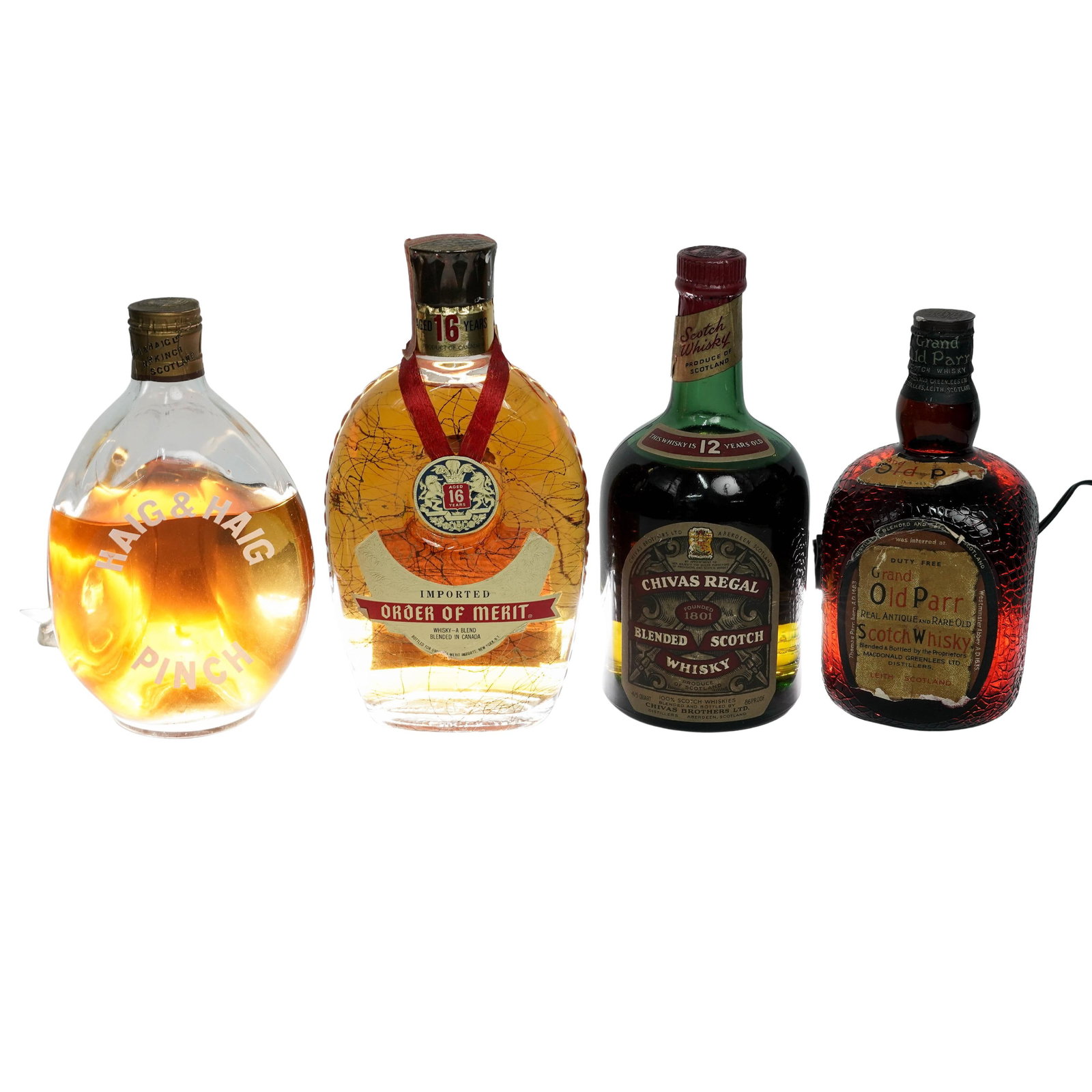 (4 pc) Collection of Whiskies Haig & Haig, Order of Merit, Chivas Regal & Grand Old Parr Bottles: (4 pc) Collection of Whiskies Haig & Haig, Order of Merit, Chivas Regal & Grand Old Parr Bottles 20th century , Scotland The collection of vintage whiskies include: (1) Haig & Haig "Pinch", blended sc