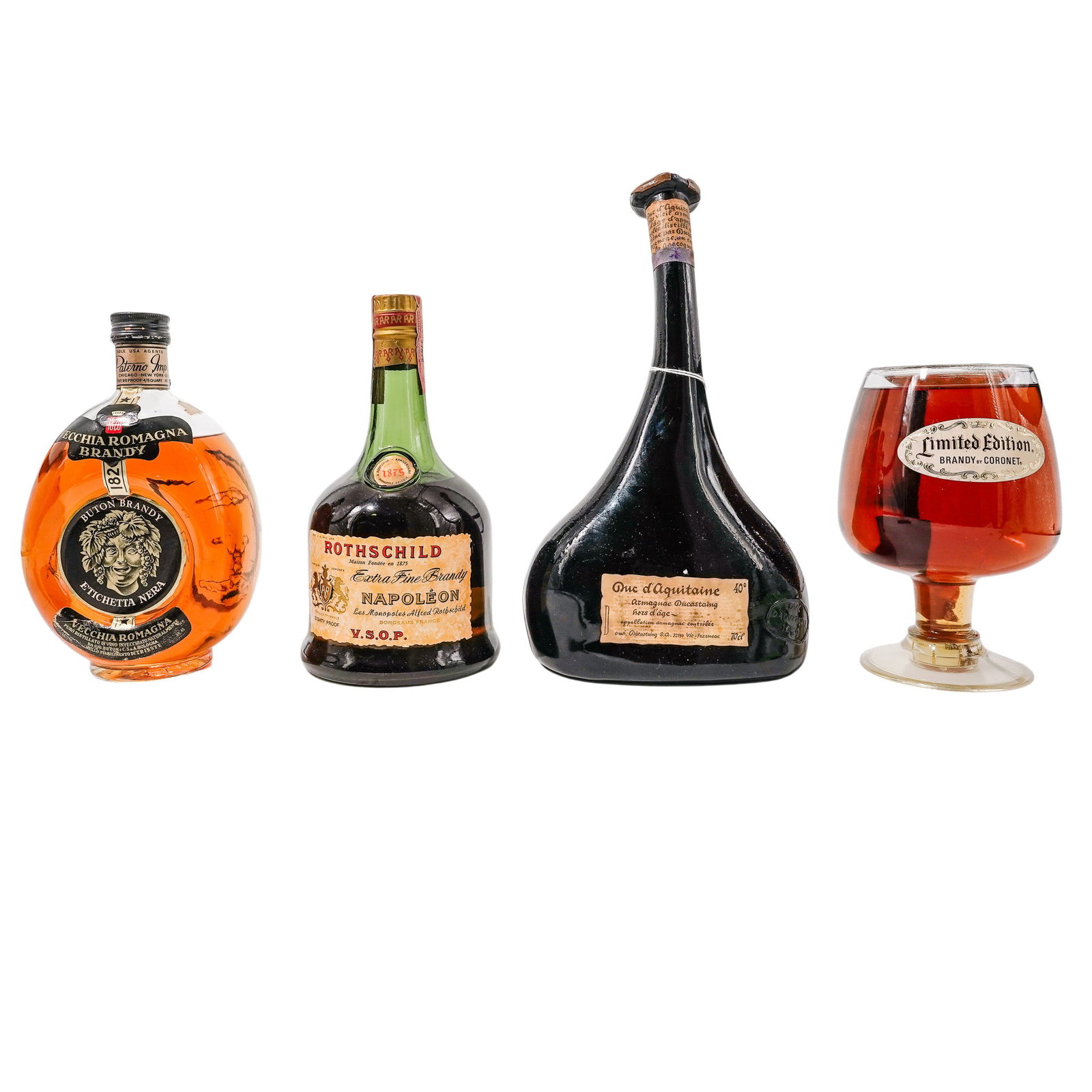 (4 Pc) Rothschild, Ducastaing, Coronet & Buton Brandy Bottles: (4 Pc) Rothschild, Ducastaing, Coronet & Buton Brandy Bottles Mid-Late 20th c., Italy/France/USA Rothschild Napoleon V.S.O.P. (Very Superior Old Pale) Brandy Coronet "Limited Edition" Brandy Buton Vec