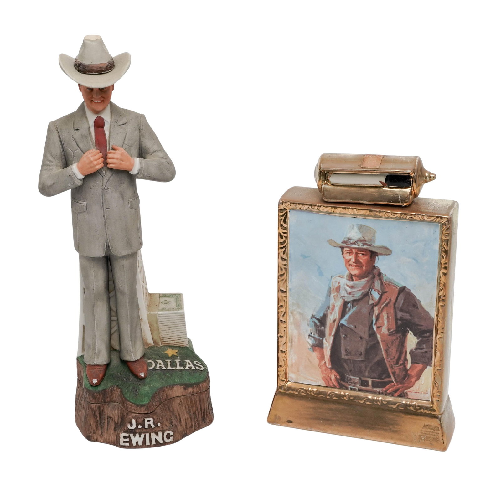 (2 Pc) Porcelain John Wayne & J.R. Ewing Dallas Whiskey Decanters: (2 Pc) Porcelain John Wayne & J.R. Ewing Dallas Whiskey Decanters Late 20th Century, USA A pair of John Wayne & J.R. Ewing Figural Whiskey Decanters. Includes a McCormick Straight Bourbon Whiskey limi