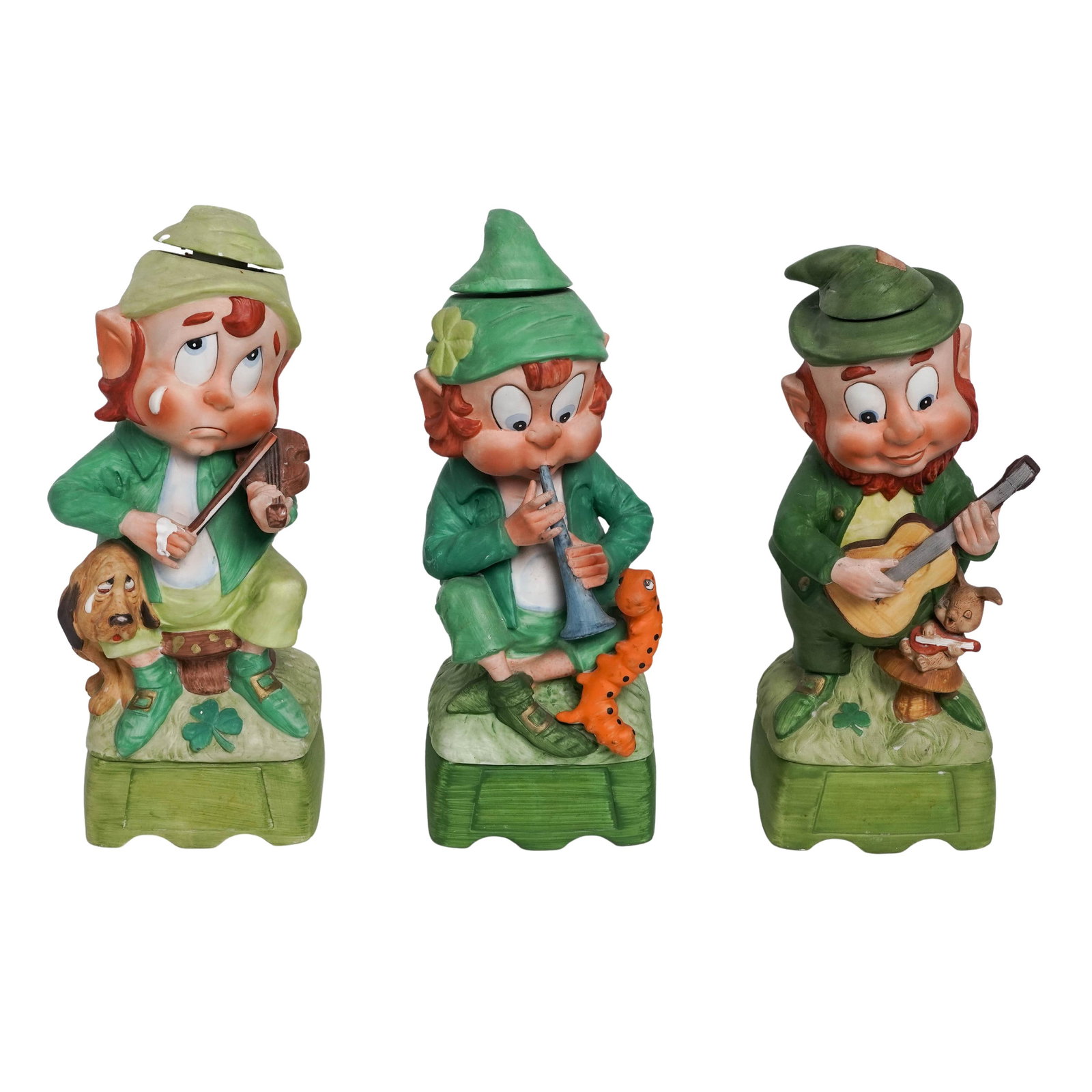 (3 Pc) Hoffman Distilling Co. Musical Whiskey Leprechaun Figural Decanters: (3 Pc) Hoffman Distilling Co. Musical Whiskey Leprechaun Figural Decanters C. 1974, 1975, USA, Japan Vintage Musical Whiskey Decanters Hoffman Distilling Co. "Mr. Lucky Series". These porcelain figuri