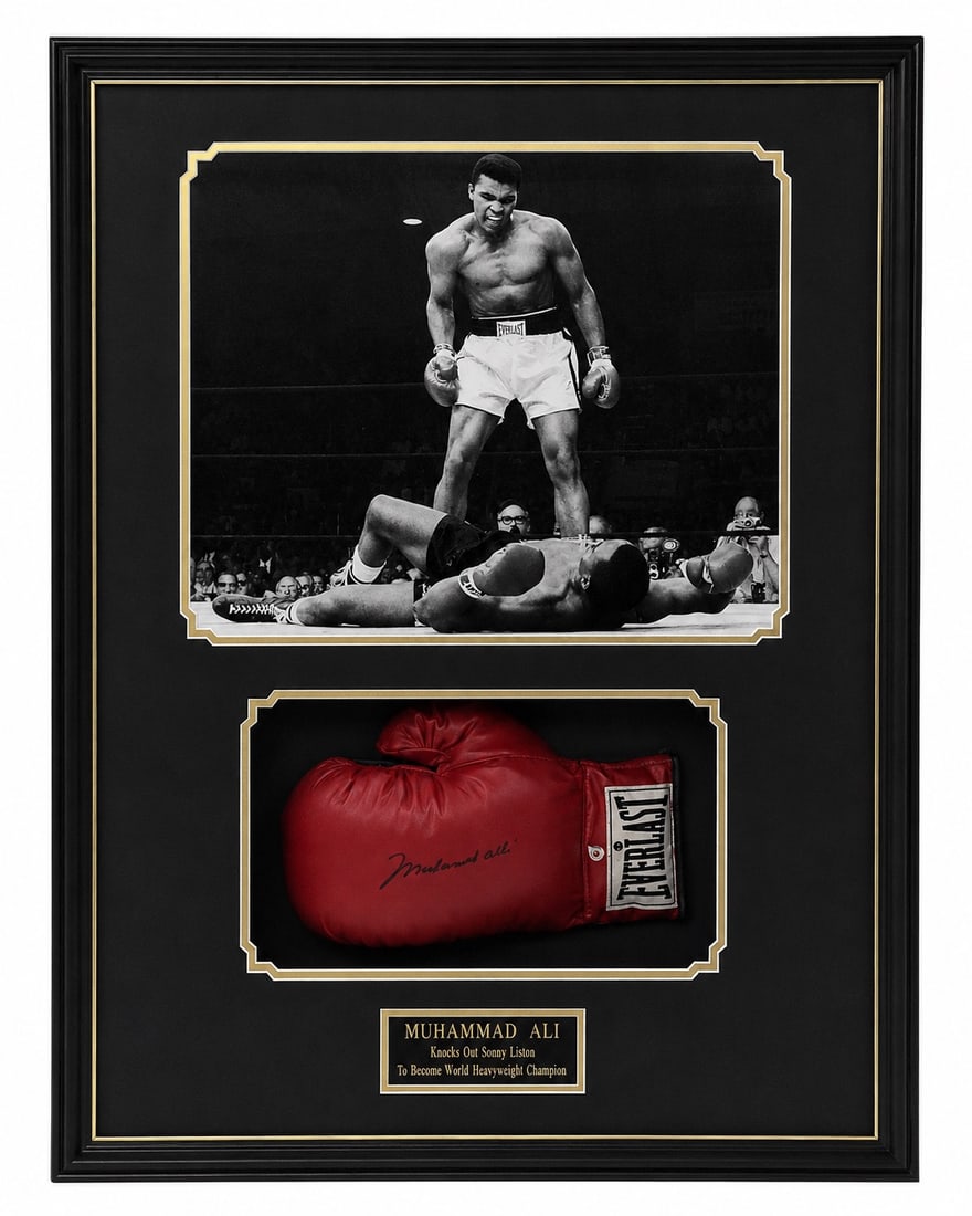 Muhammad Ali Memorabilia Photo & Autographed Boxing Glove w/ COA: Muhammad Ali Memorabilia Photo & Autographed Boxing Glove w/ COA c. 2000-2005, USA Muhammad Ali black and white iconic photograph & boxing glove. A large black and white photograph by Neil Leifer capt