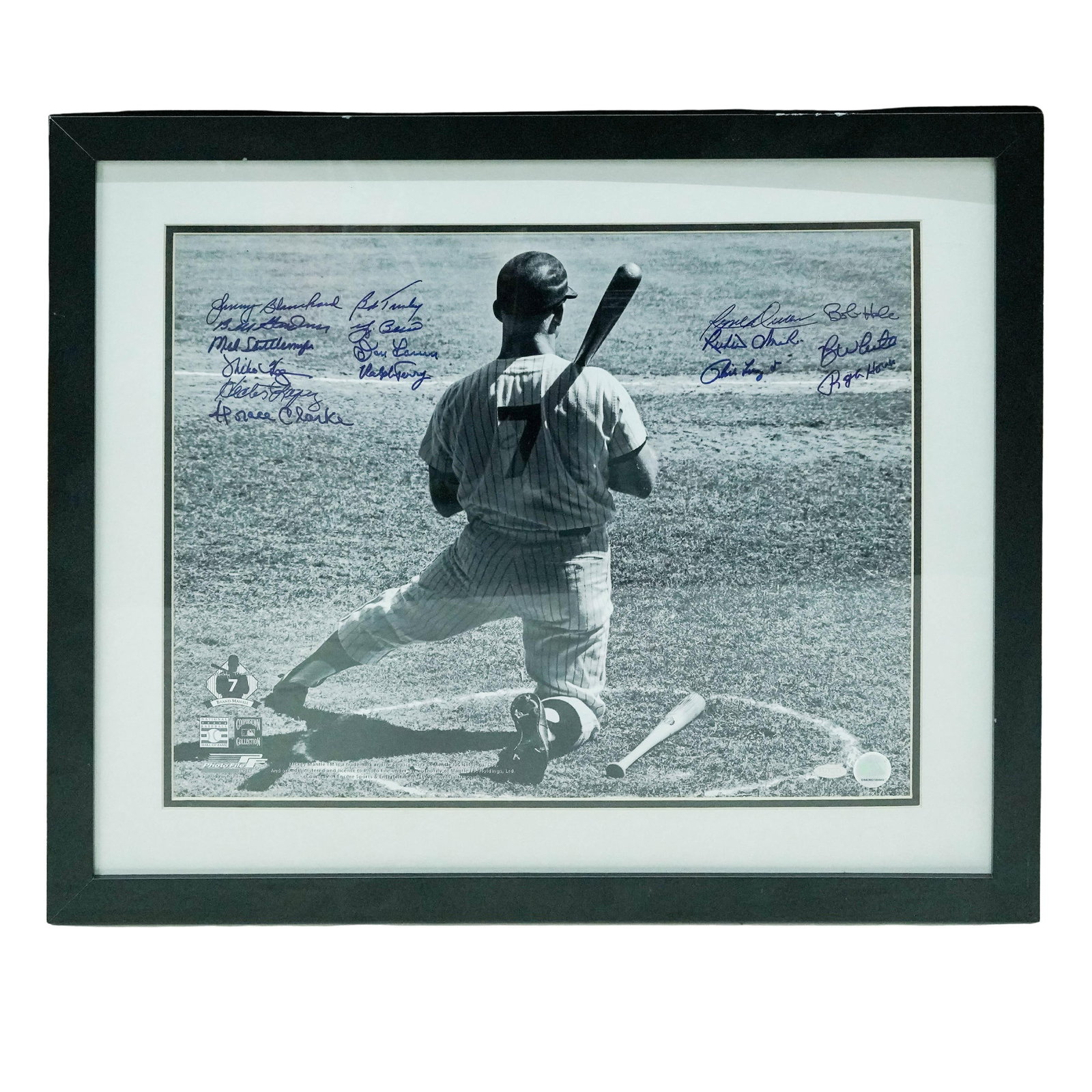 Signed Mickey Mantle Joe DiMaggio w/ Yankees Greats Photograph w/ COA: Signed Mickey Mantle Joe DiMaggio w/ Yankees Greats Photograph w/ COA 20th century, USA The photograph captures an iconic action shot of Mickey Mantle from behind as he completes a powerful swing at h