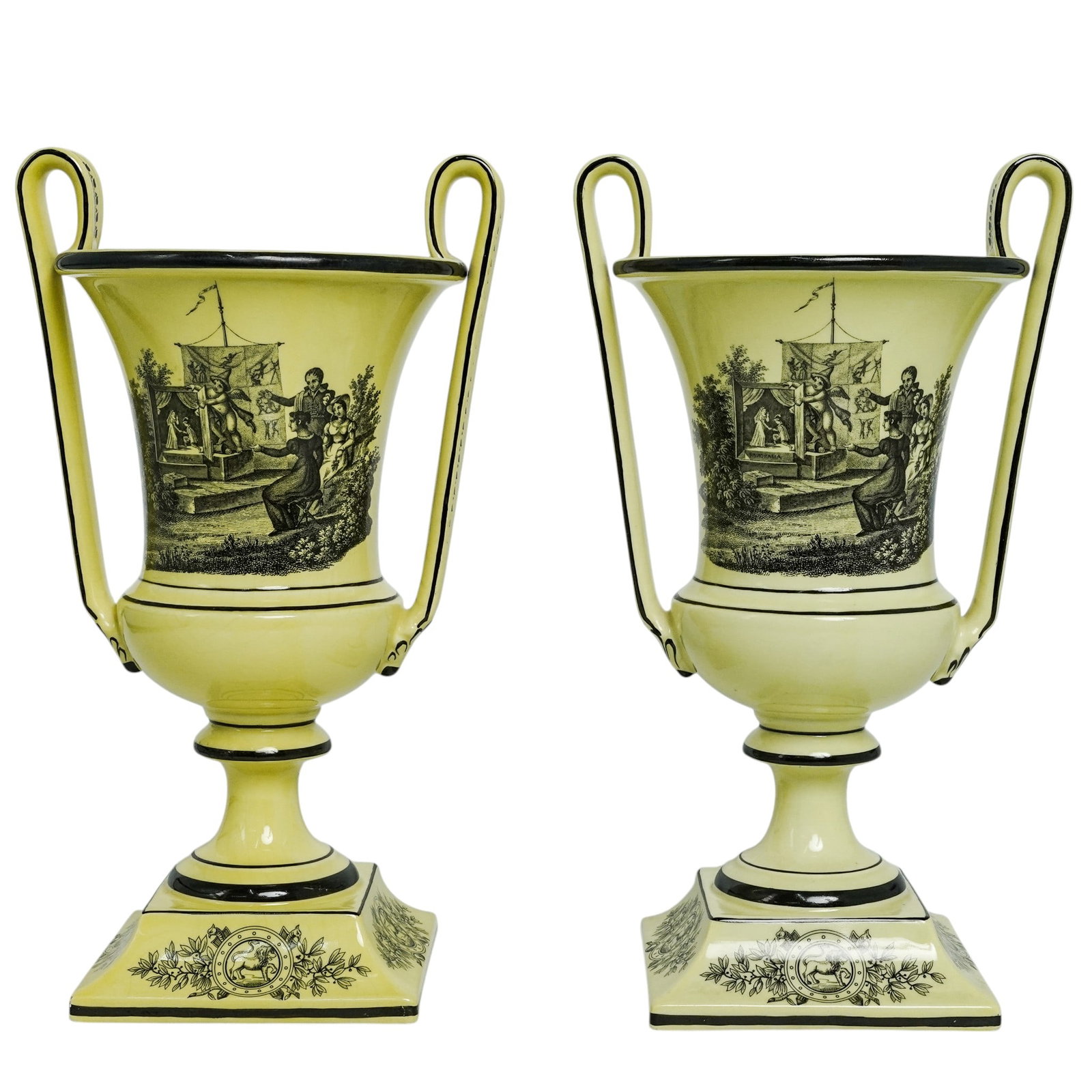 Pair Of Mottahedeh Yellow Ceramic Handled Urn Vase: Pair Of Mottahedeh Yellow Ceramic Handled Urn Vase Mid-20th Century, Italy. Pair of ceramic urn-form vases by Mottahedeh, each of pedestal form with loop handles and square bases. Decorated in a yello