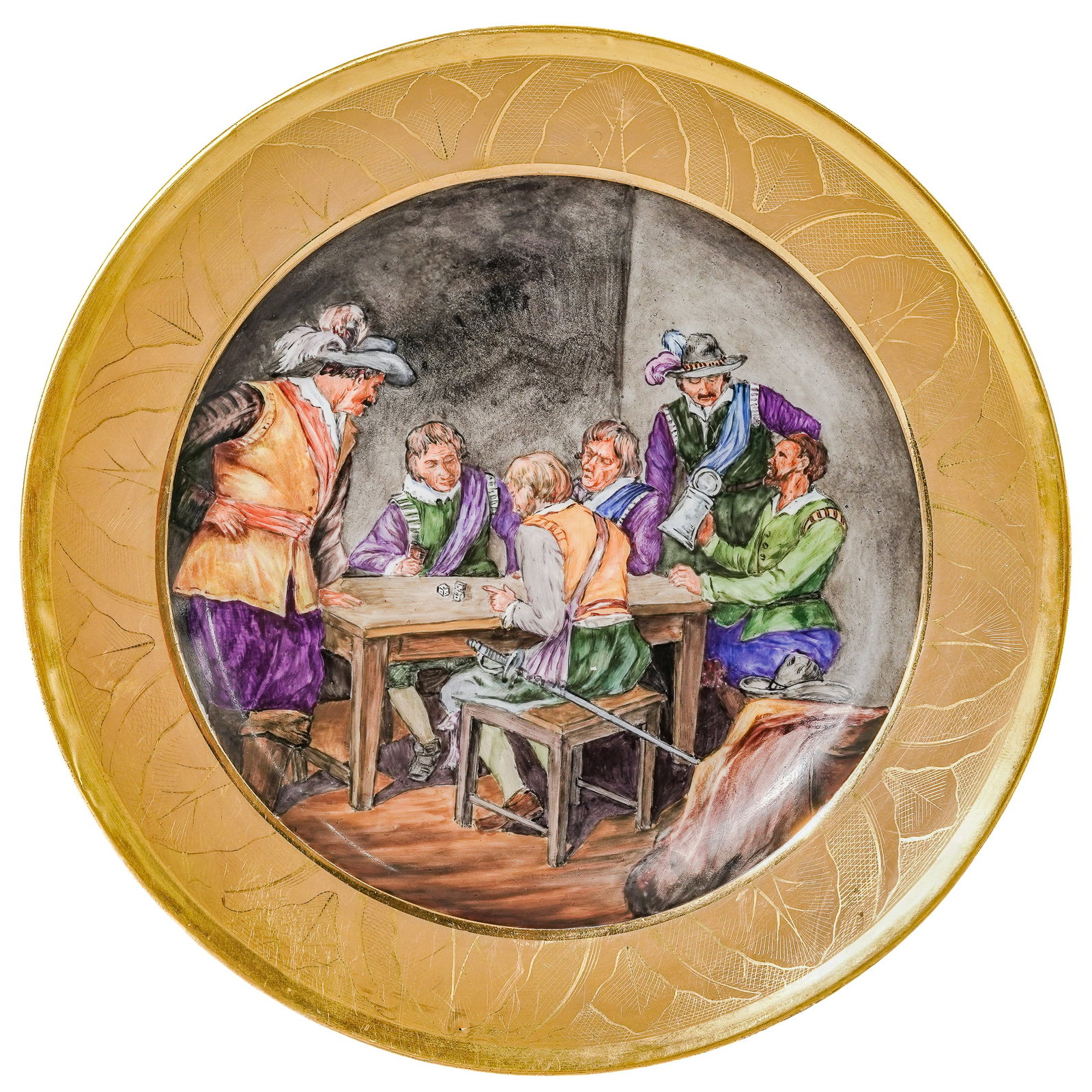 Antique Meissen Painted Porcelain Plate: Antique Meissen Painted Porcelain Plate Early 20th Century, Germany Circular porcelain cabinet plate with central hand-painted figural scene depicting a lively tavern interior, bordered by a wide gilt