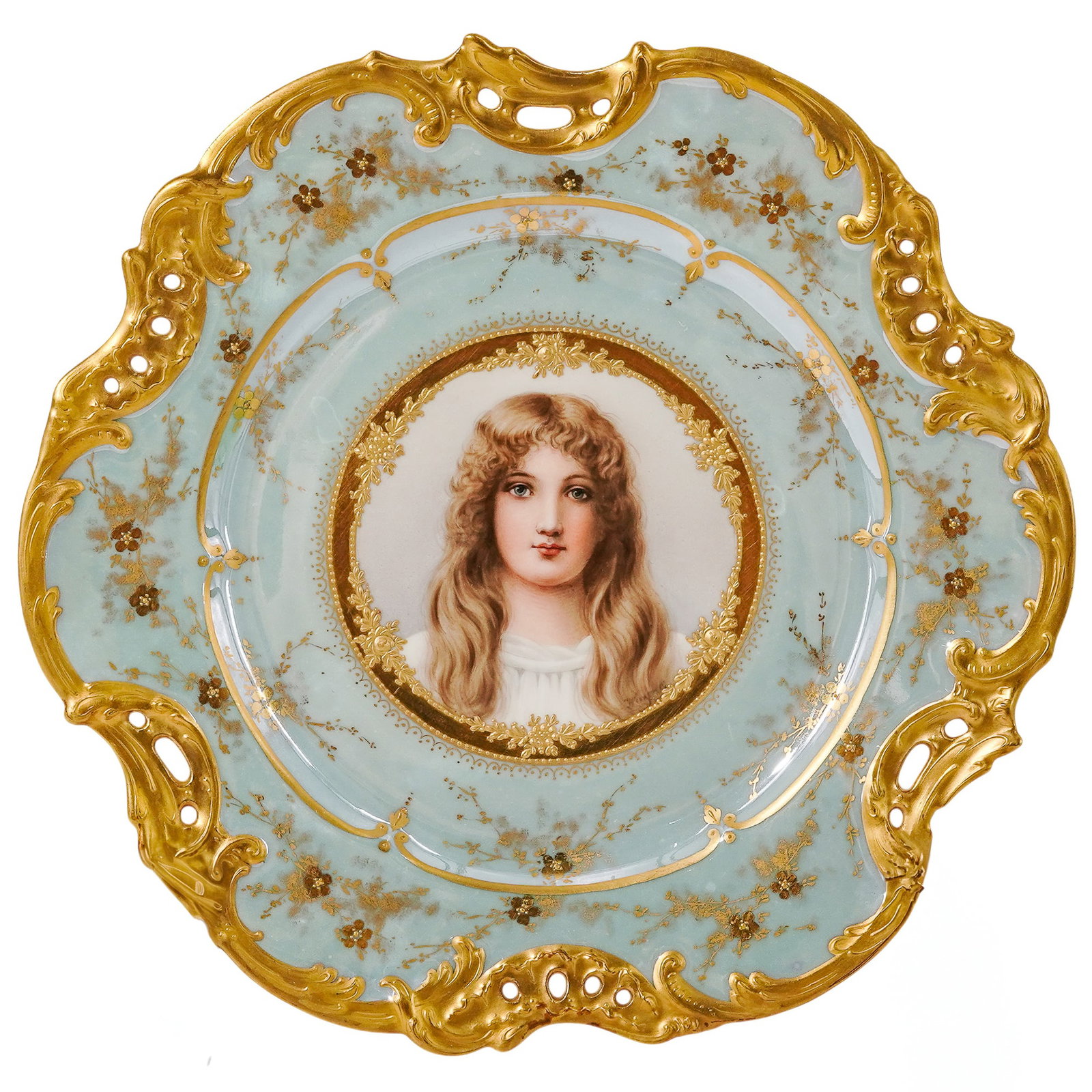 Antique Royal Vienna 'Winter' Porcelain Plate: Antique Royal Vienna 'Winter' Porcelain Plate Late 19th Century, Austria Finely decorated porcelain cabinet plate in the style of Royal Vienna, featuring a central portrait of a young woman allegorica