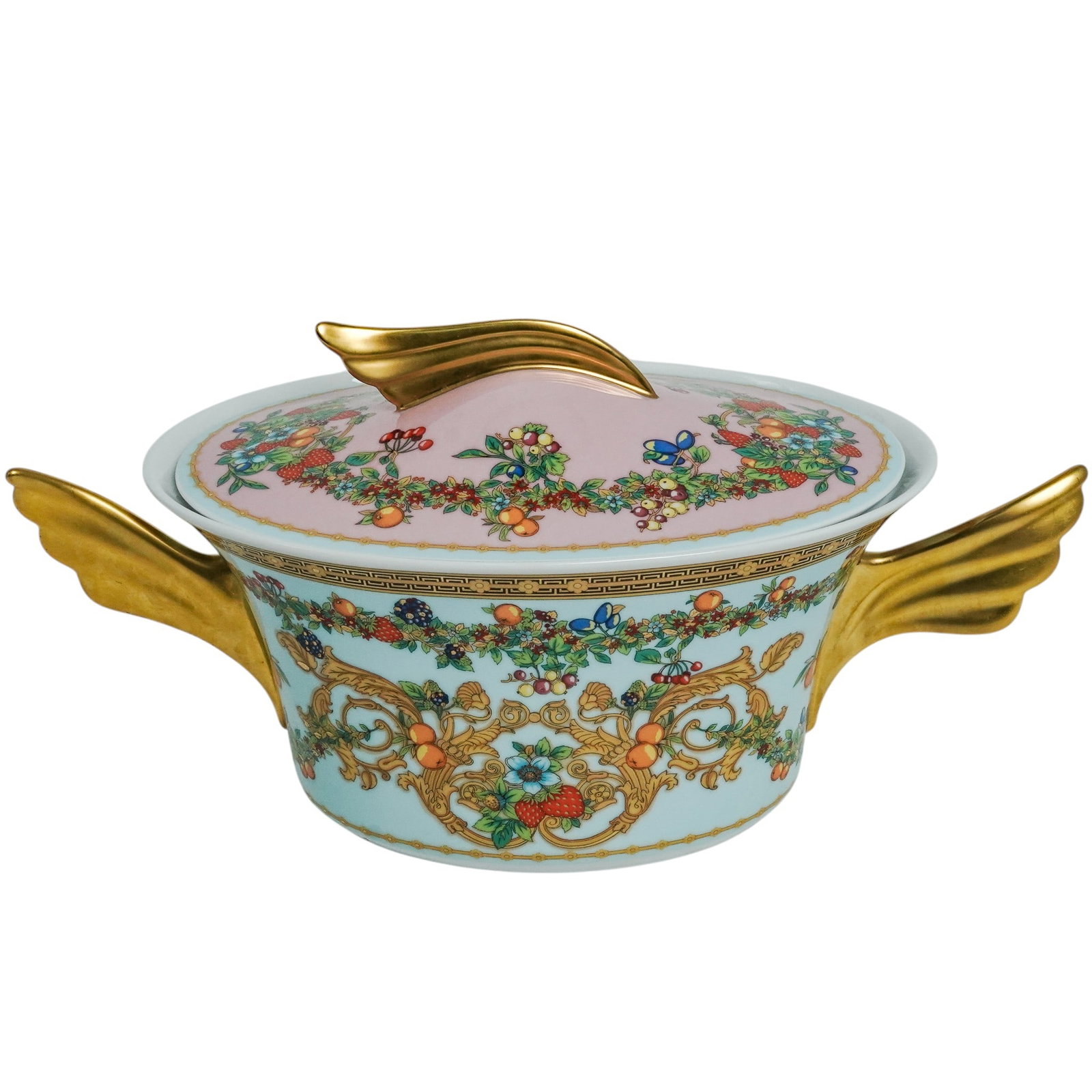 Vintage Versace x Rosenthal Le Jardin Porcelain Tureen: Vintage Versace x Rosenthal Le Jardin Porcelain Tureen Late 20th Century, Germany. Porcelain covered tureen in the “Le Jardin de Versace” pattern, featuring polychrome floral decoration with g