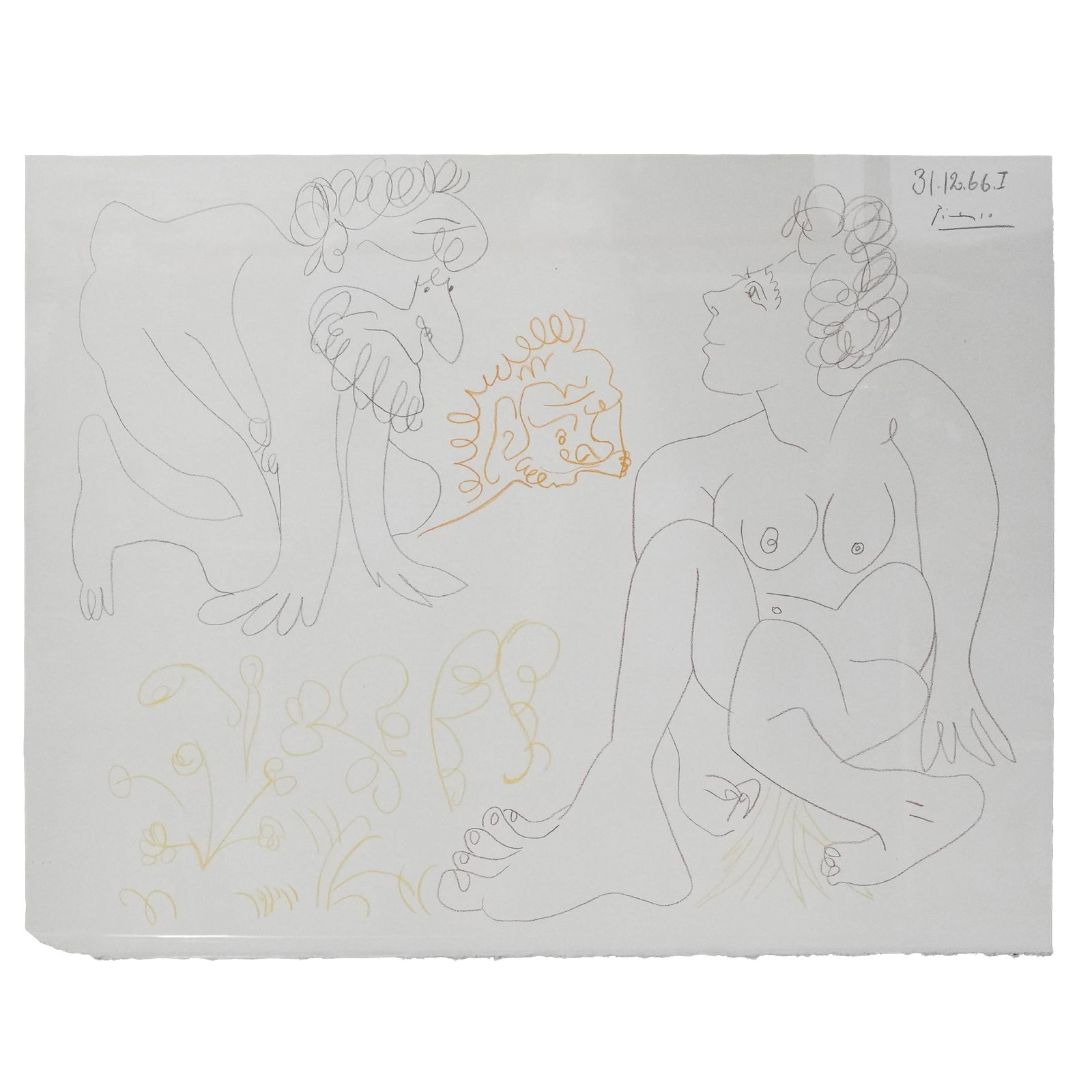 Pablo Picasso (Spanish, 1881-1963), Colored Lithograph: Pablo Picasso (Spanish, 1881-1963), Colored Lithograph Early 20th Century, Spain. Multicolor lithograph depicting stylized seated and standing figures outdoors, dated “31.12.66” and signed "Pi