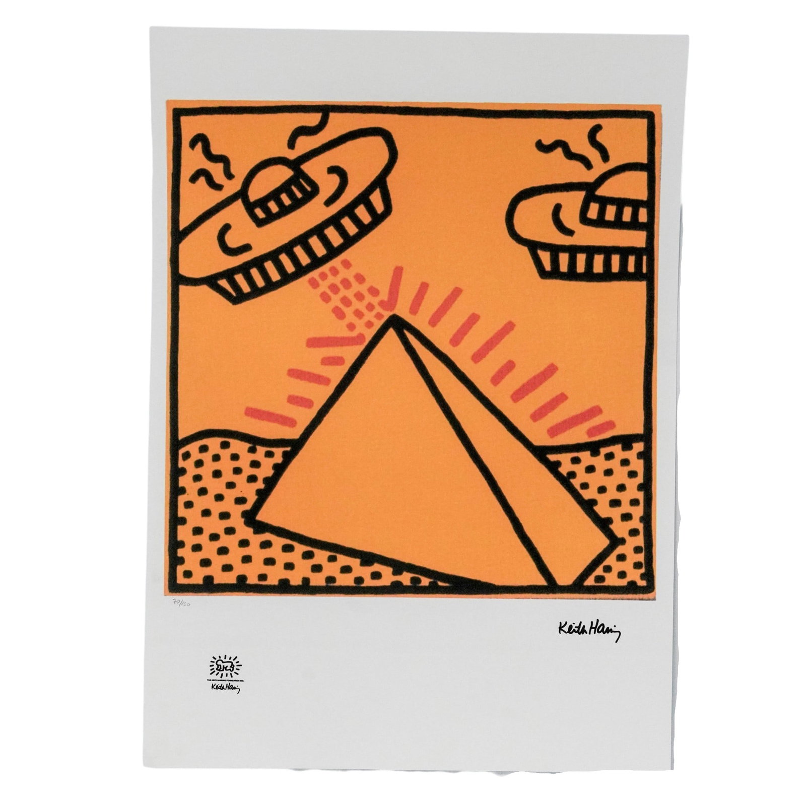 Keith Haring "1984 Pyramid w/ UFOs" Lim. Ed. Print: Keith Haring "1984 Pyramid w/ UFOs" Lim. Ed. Print c. 1984, USA The print includes Haring's distinctive signature in the lower right and a small Keith Harring Foundation logo on the bottom left. Signe