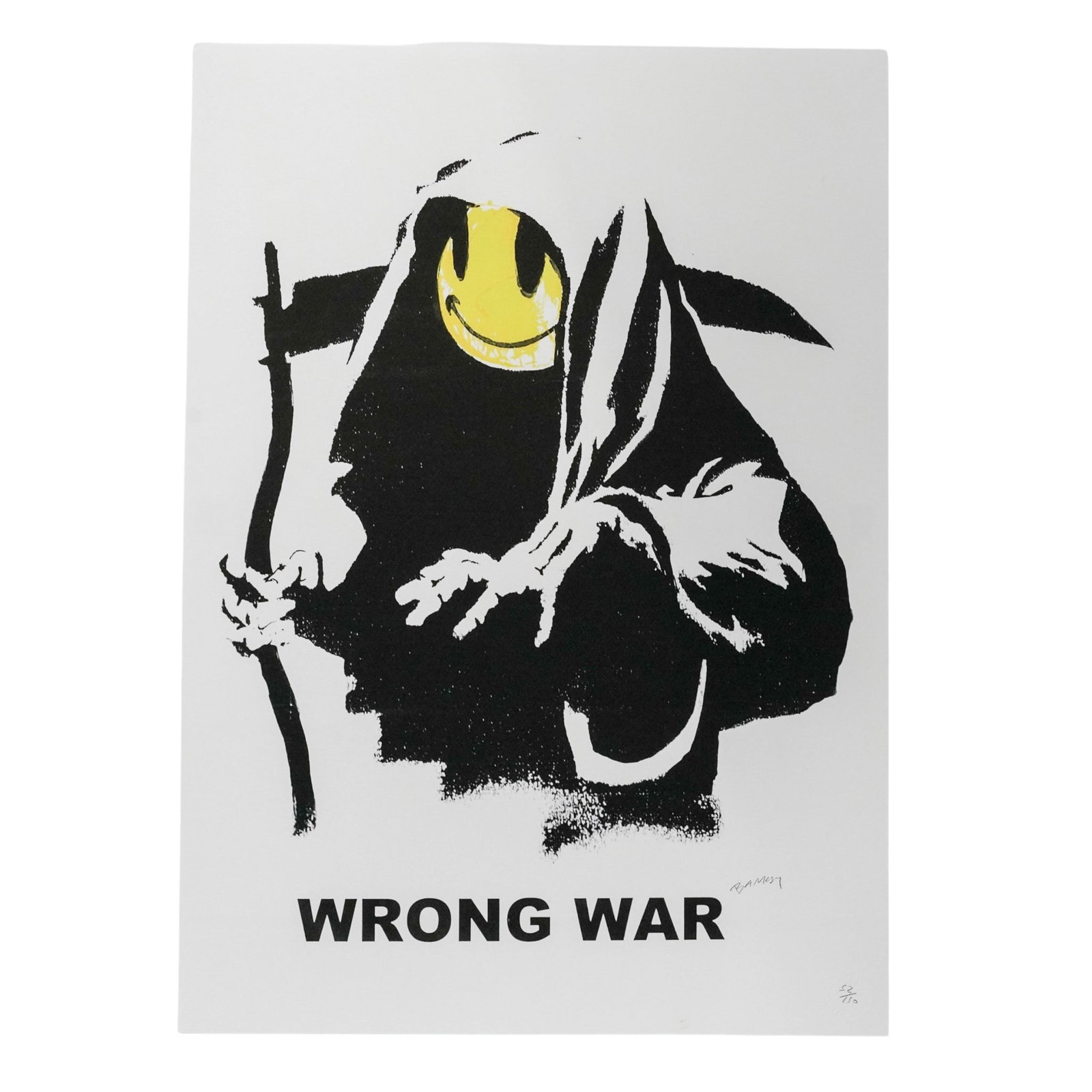 Banksy (British, 1973-) "Wrong War" Street Art Lim. Ed. Print: Banksy (British, 1973- ) "Wrong War" Street Art Lim. Ed. Print 20th century, British "Wrong War" street art limited edition print by the anonymous British artist Banksy. The artwork depicts a Grim Rea