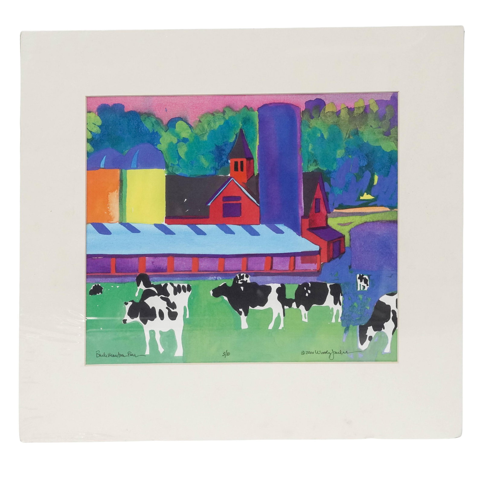 Woody Jackson (American, 1970-) Pastoral Scene Color Lithograph: Woody Jackson (American, 1970- ) Pastoral Scene Color Lithograph 2000, USA Color lithograph depicting cows before a brightly colored farm landscape, signed with the artist's registered trademark and t
