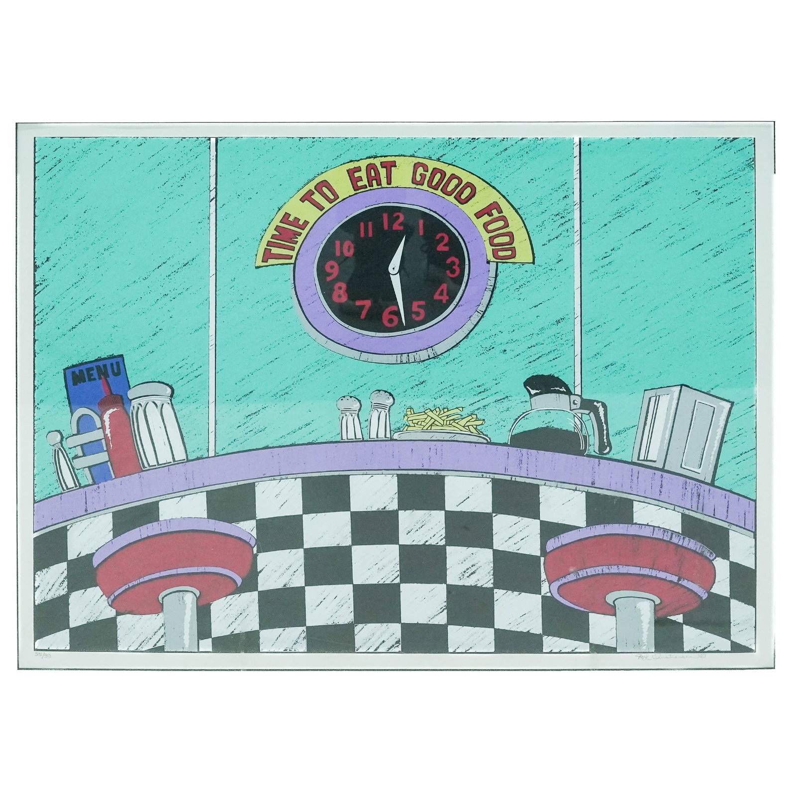 D.L. Christiansen "Time to Eat Good Food" Graphic Art Serigraph: D.L. Christiansen "Time to Eat Good Food" Graphic Art Serigraph C. 1980s, USA The serigraph depicts a stylized, retro American diner interior, the scene uses bold, contrasting colors typical of 1980s 
