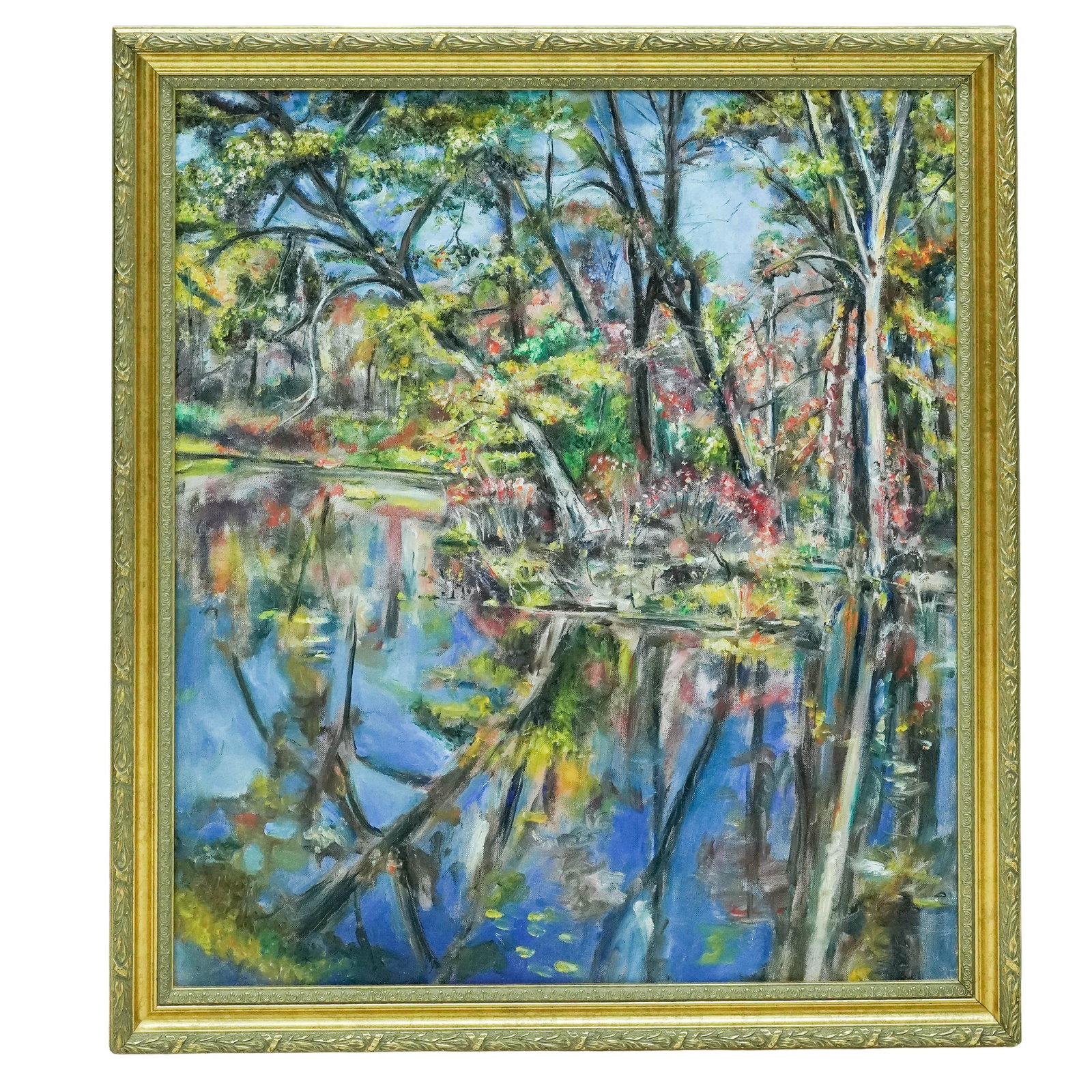 Vintage Impressionist Landscape, Oil on Canvas: Vintage Impressionist Landscape, Oil on Canvas Mid-20th Century, Continental Lush landscape composition depicting a wooded waterside scene with vibrant reflections and expressive brushwork in the Impr