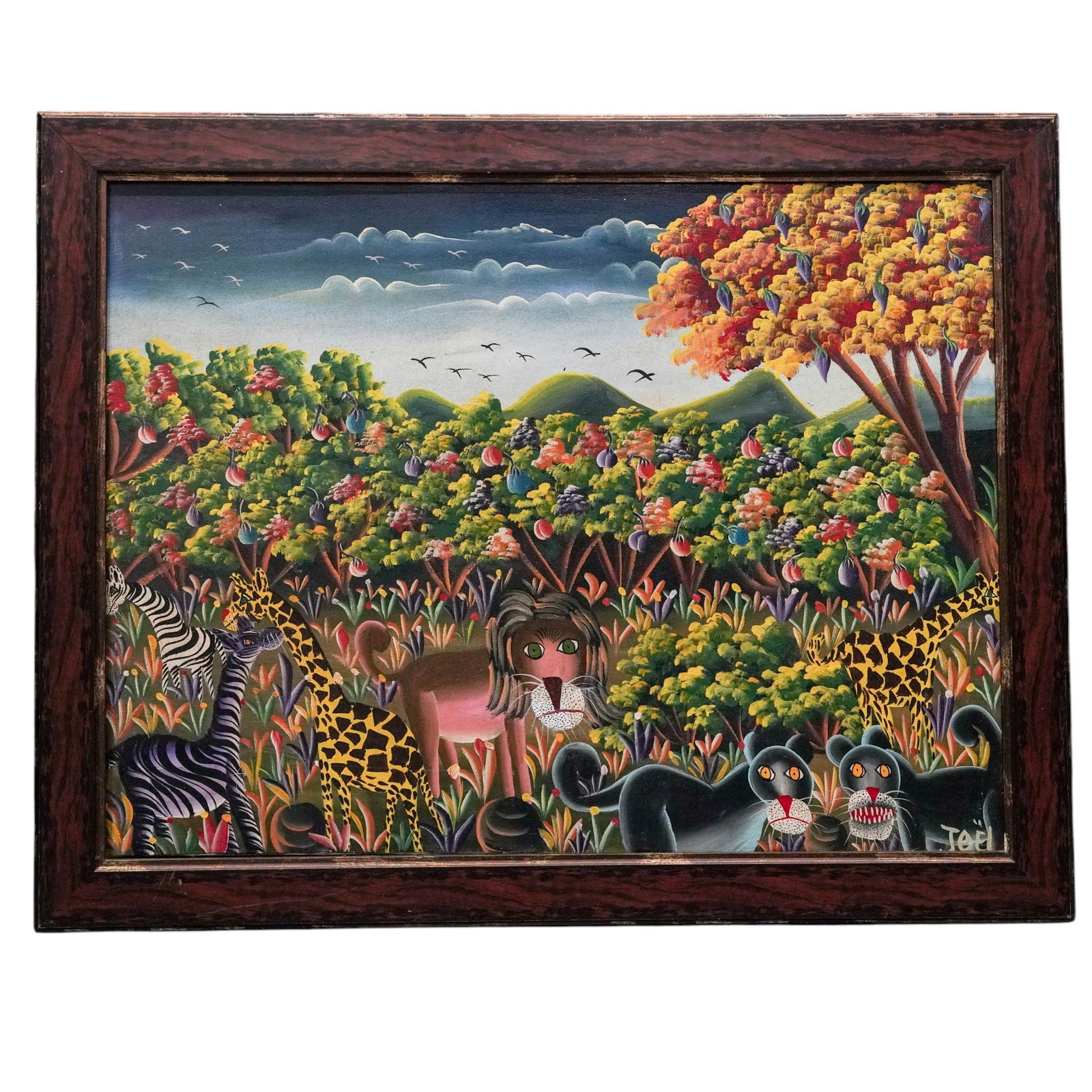 Joel Gauthier (Haitian, 1955-), Haitian Folk Art Jungle Scene Painting: Joel Gauthier (Haitian, 1955-), Haitian Folk Art Jungle Scene Painting Late 20th Century, Haiti. Oil on canvas depicting a vibrant jungle landscape populated with exotic animals including giraffes, ze
