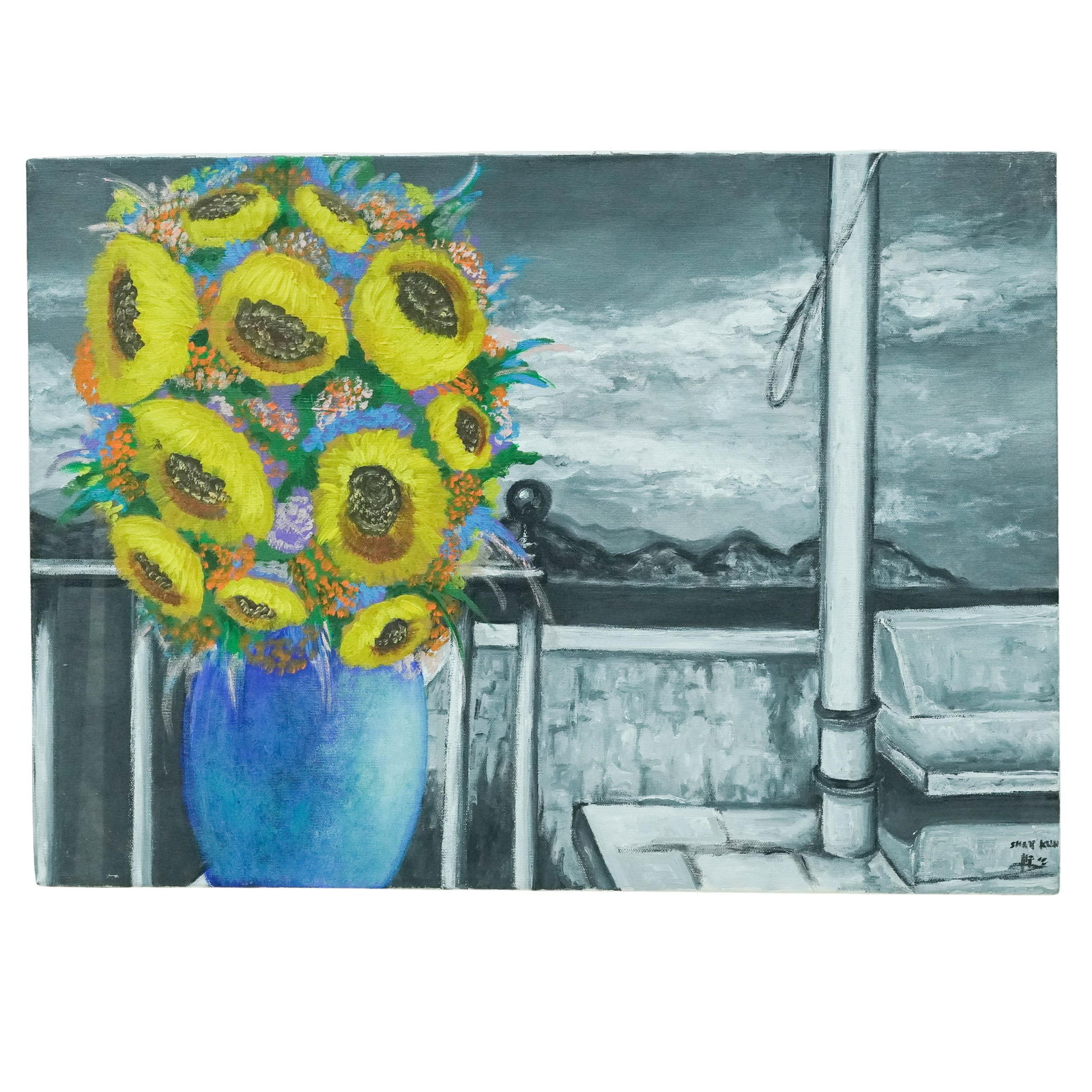 Shari Kuhn (American, 20th Cent.) Acrylic On Canvas Painting: Shari Kuhn (American, 20th Cent.) Acrylic On Canvas Painting 20th Cent., American An expressive acrylic painting by Shari Kuhn that juxtaposes a vibrant, saturated bouquet of sunflowers against a desa