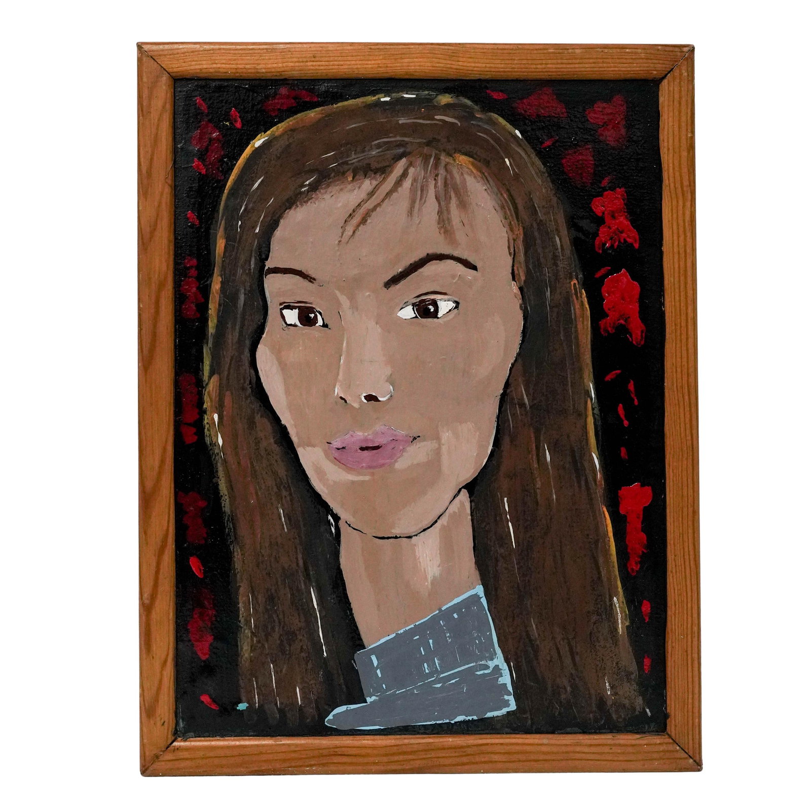 Attributed Jodi Arias Self Portrait, Oil on Cork: Attributed Jodi Arias Self Portrait, Oil on Cork Early 21st Century, USA Portrait painting depicting a stylized self-portrait against a dark ground with red accents, attributed to Jodi Arias and repor