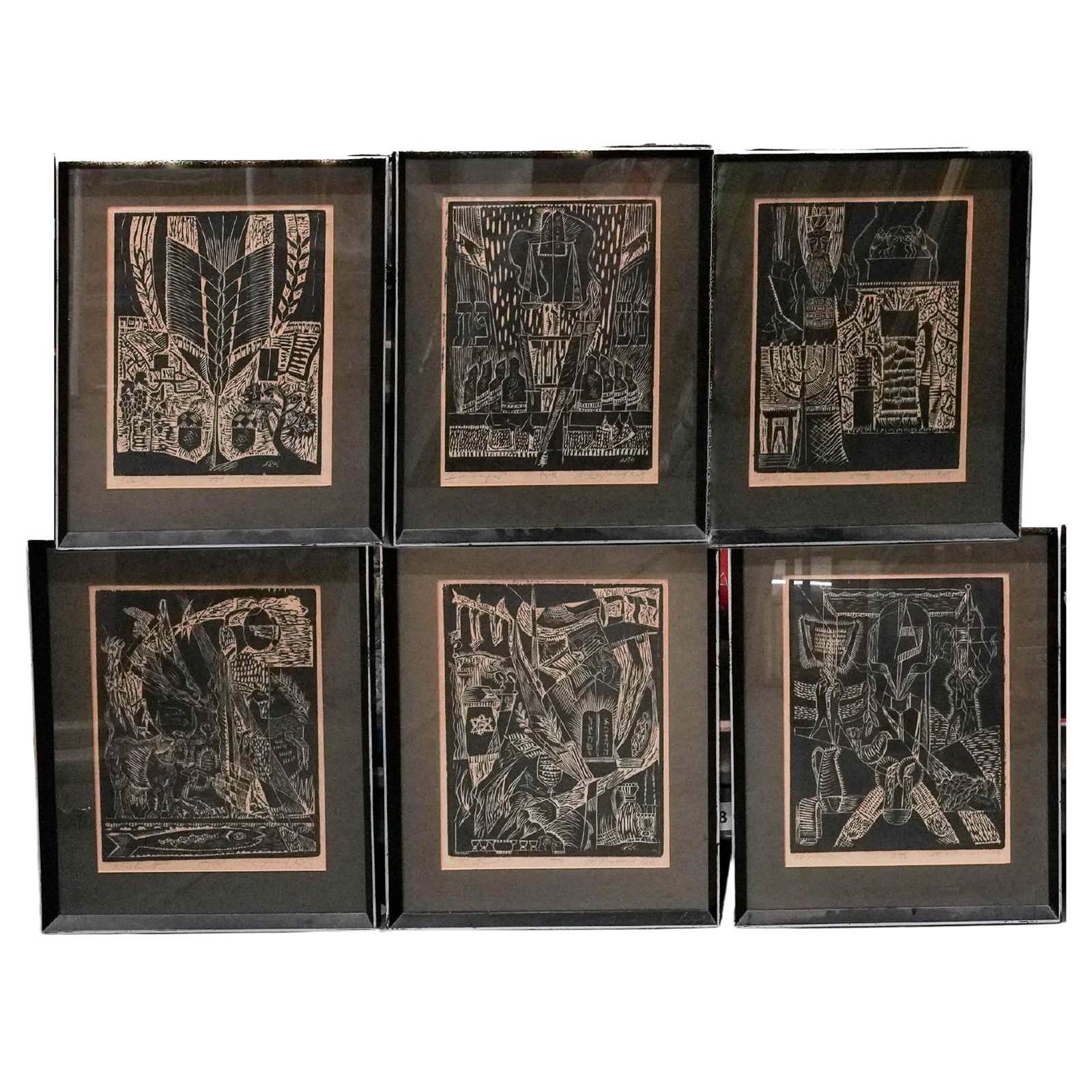 (6 pc) Alexander Raymond Katz (Slovak, 1895-1974) Woodblock Prints: (6 pc) Alexander Raymond Katz (Slovak, 1895-1974) Woodblock Prints Mid-20th Century, USA Including titled works "Women", "Damages", "Festivals", "Seeds", "Holy Things", and "Kashrut." Each monochrome 