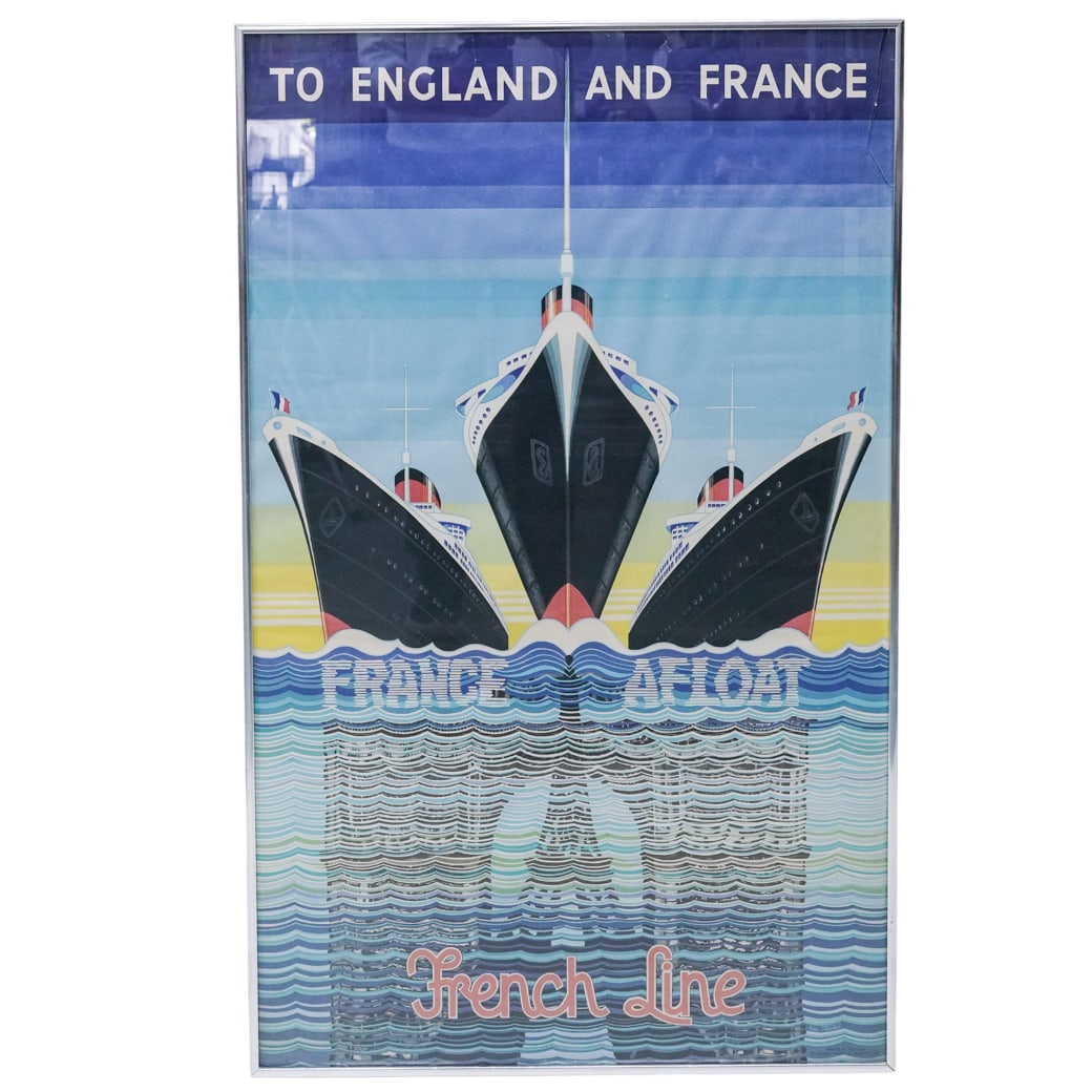 1930's Kay Stewart French Line Poster: 1930's Kay Stewart French Line Poster c. 1938, France “France Afloat” (or “To England and France”) travel poster for the French Line, designed by Kay Stewart. It features a striking Ar