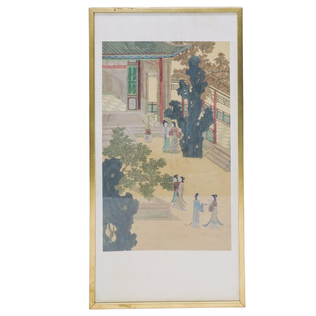 Vintage Chinese Yard Court Scene Rice Scroll Painting: Vintage Chinese Yard Court Scene Rice Scroll Painting 20th Cent., Chinese This Chinese court garden scene is meticulously rendered in ink and color on traditional rice paper. The composition features 