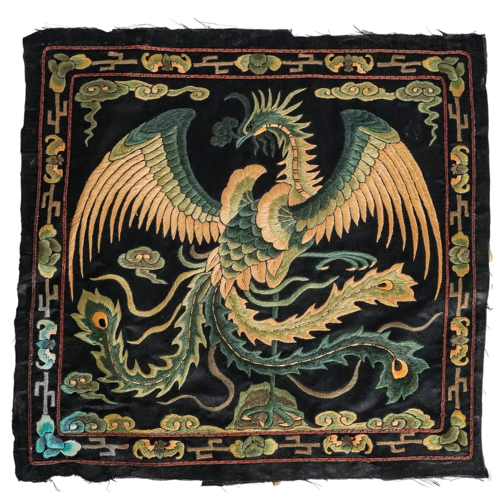 Chinese Silk Embroidery Phoenix Mandarin Square Rank Badge: Chinese Silk Embroidery Phoenix Mandarin Square Rank Badge 20th century, Chinese A vibrant piece of traditional Chinese Silk Embroidery, a mandarin square, which was a rank badge worn on the surcoats 