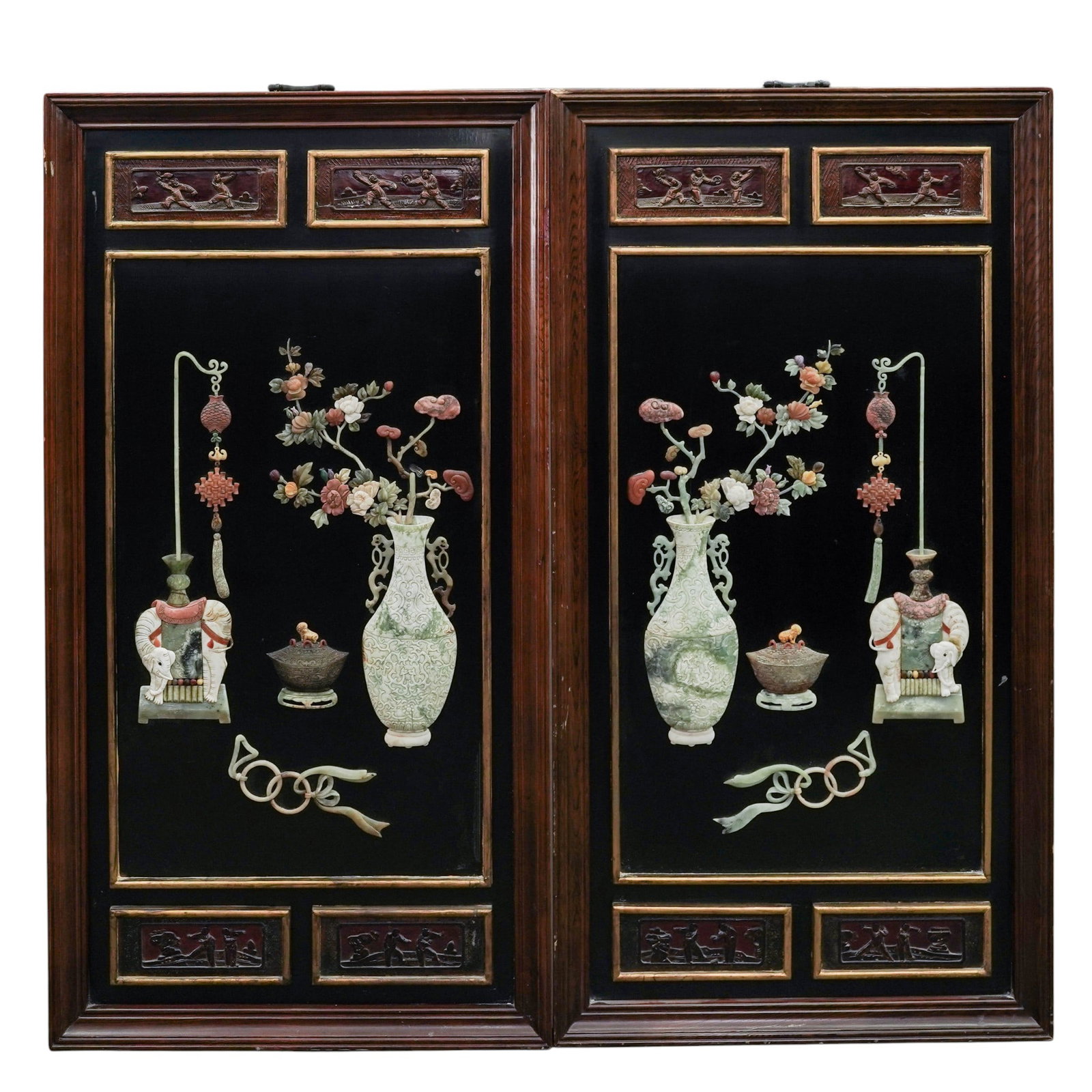 Pair of Chinese Lacquered & Stone Inlay Panels: Pair of Chinese Lacquered & Stone Inlay Panels Mid to late 20th century, Chinese pair of vintage Chinese lacquered wall panels featuring intricate relief work made from materials like carved soapstone