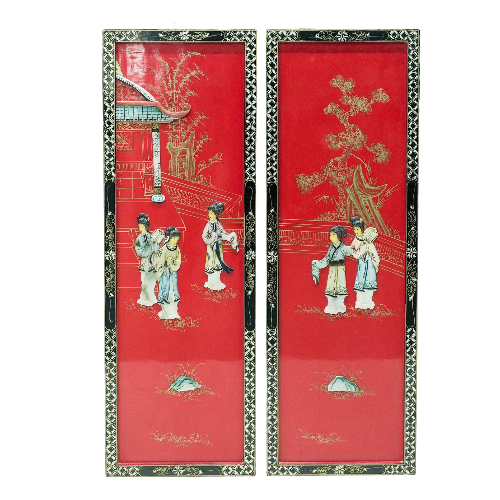 Pair Of Vintage Chinese Red & Black Lacquered Wall Panels: Pair Of Vintage Chinese Red & Black Lacquered Wall Panels Mid 20th Cent., Chinese This is a pair of vintage Chinese wall panels featuring a court scene in relief. Set against a vibrant red lacquer bac