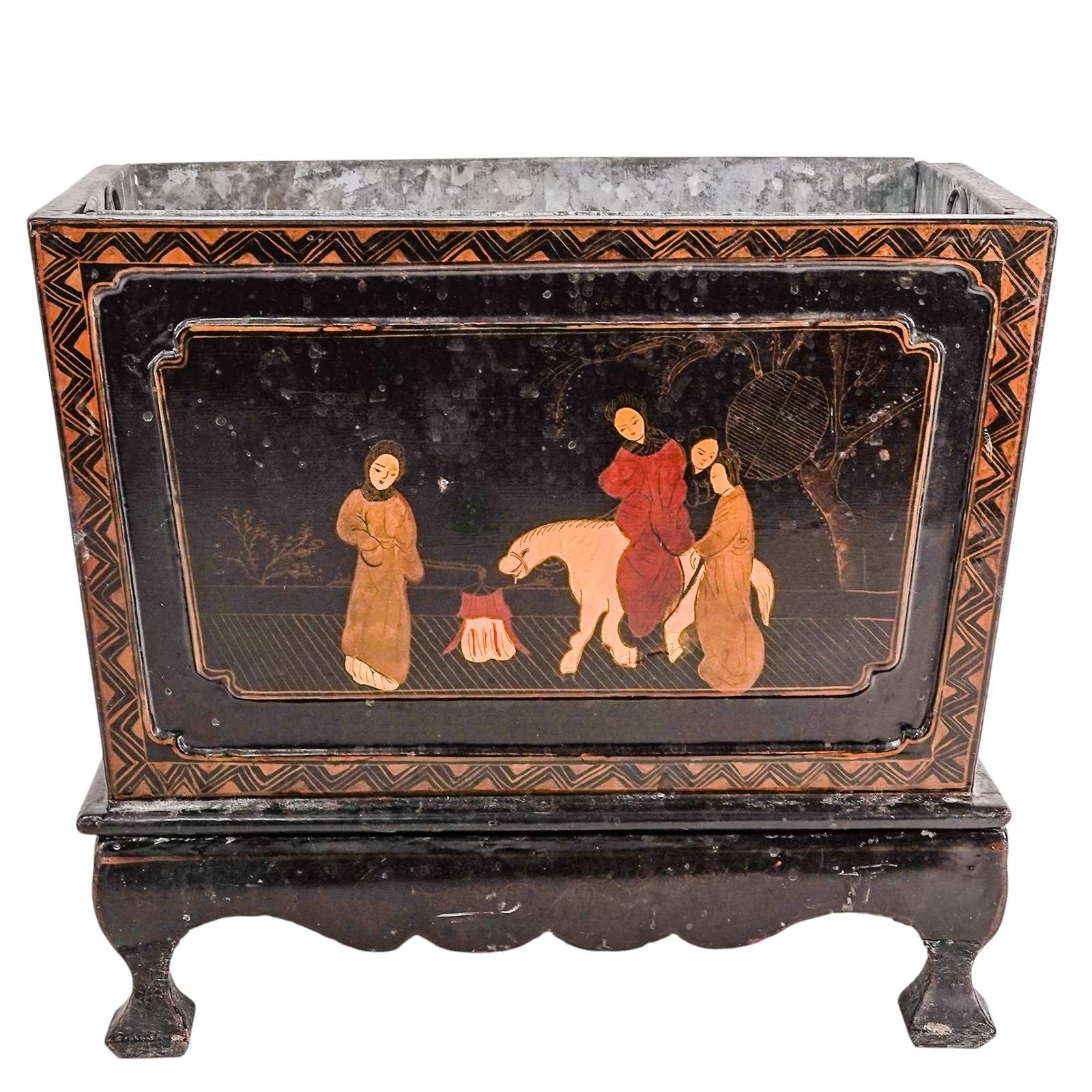 Vintage Chinese Black Lacquered Planter: Vintage Chinese Black Lacquered Planter Mid 20th century, Chinese A Chinese black lacquered planter with a metal lining. Hand-painted figural depictions on all sides. Wood footed stand. Overall H (on 