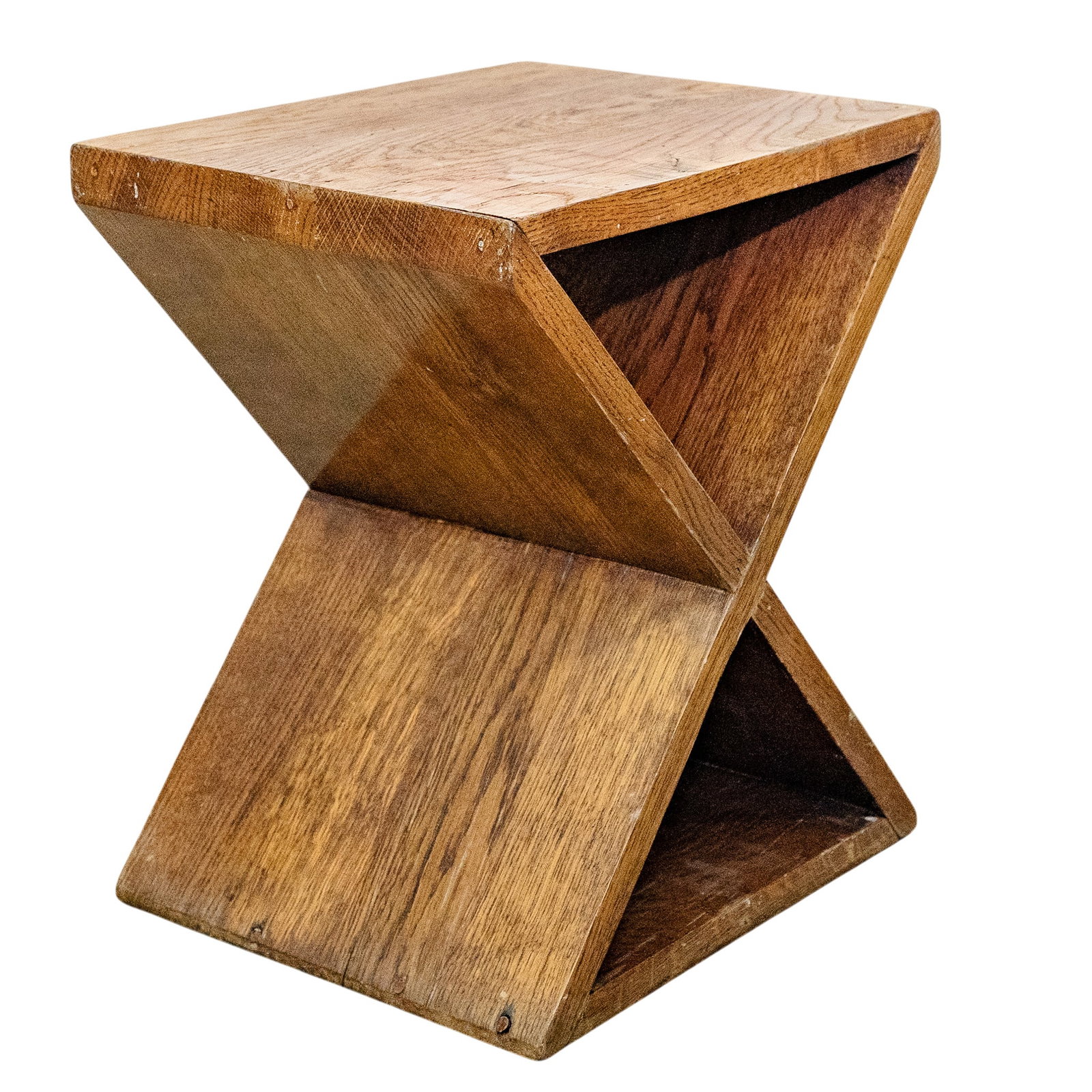 Japanese Wooden Stool: Japanese Wooden Stool Mid to late 20th century, Japanese Japanese wooden stool. This piece is characterized by its unique dual-triangle or "twisted" geometric design, which provides open storage space