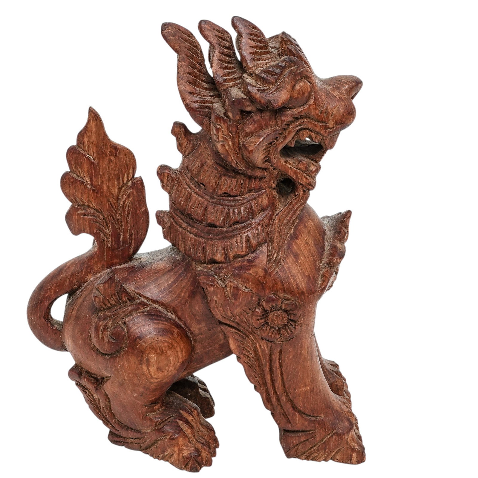 Vintage Chinese Carved Hardwood Foo Dog: Vintage Chinese Carved Hardwood Foo Dog Mid-20th Century, China. Carved in the round from hardwood, depicting a stylized foo dog (guardian lion) with expressive features and detailed mane and body orn
