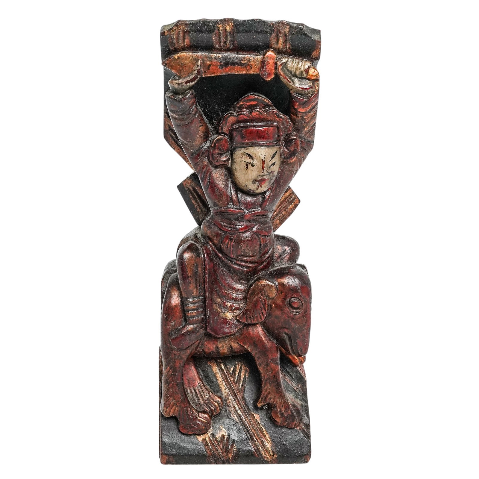 Antique Chinese Carved Wood Warrior Corbel: Antique Chinese Carved Wood Warrior Corbel Early 20th Century, China. Carved wooden architectural corbel depicting a warrior figure seated astride a mythical beast, with arms raised supporting the ove