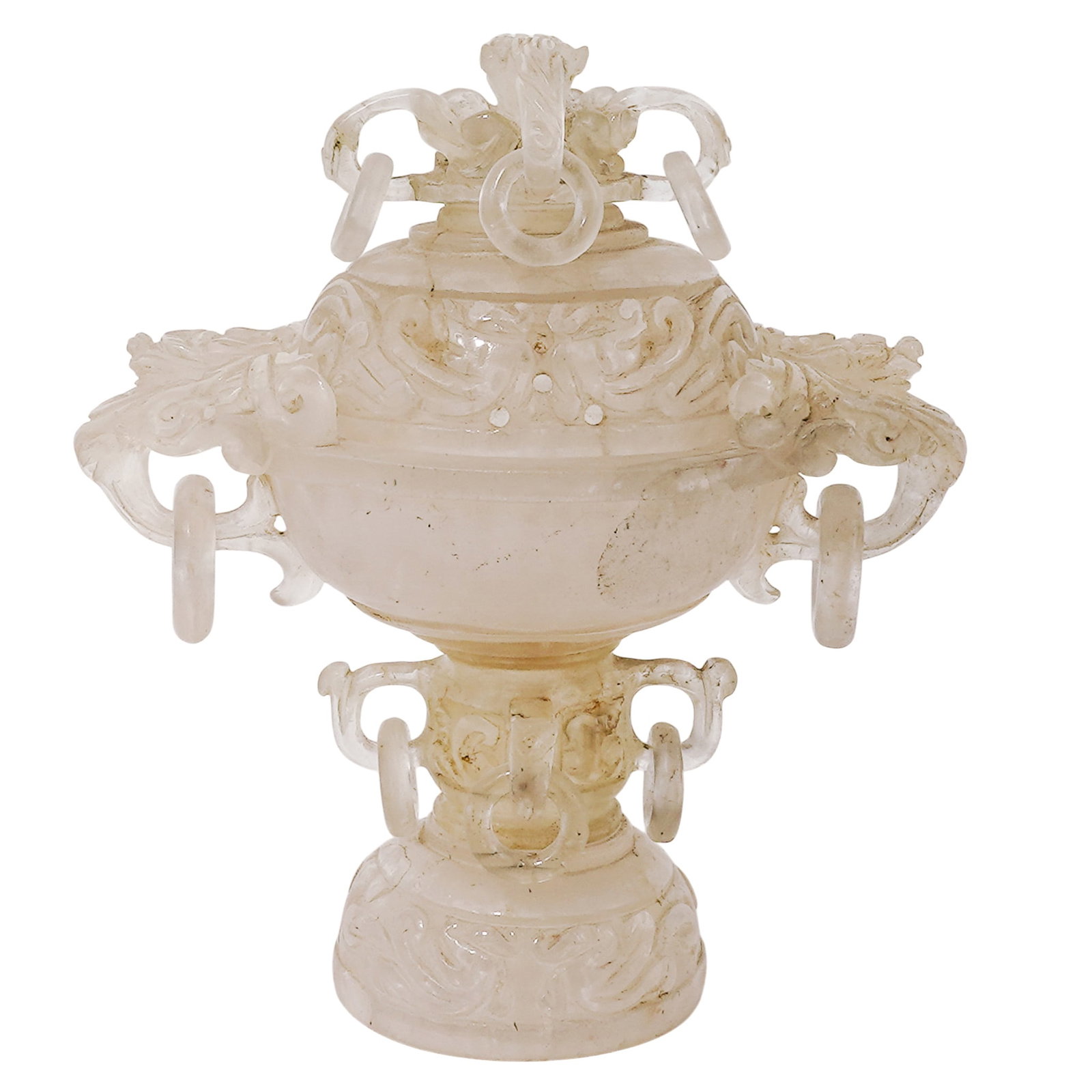 Chinese Rock Crystal Dragon Censer: Chinese Rock Crystal Dragon Censer 20th Cent. China Chinese carved crystal incense burner featuring a censer bowl decorated with openwork dragon head handles, loose hanging rings, and a matching dome 
