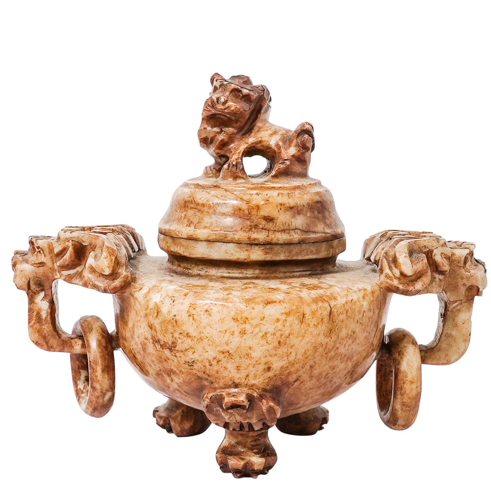 Chinese Carved Soapstone Foo Dog Censor: Chinese Carved Soapstone Foo Dog Censor Mid 20th Cent., Chinese Carved from a single piece of soft soapstone, which typically features natural mottled tones ranging from tan to deep brown, this piece 