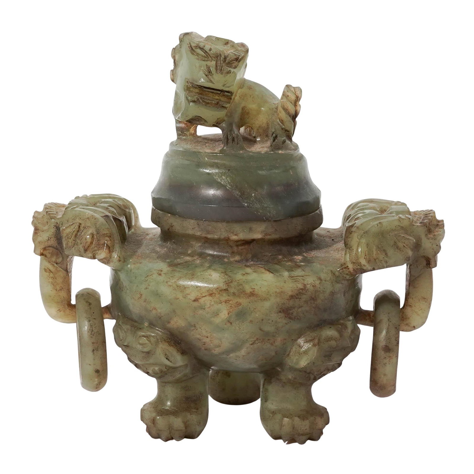Antique Chinese Carved Mottled Jade Incense Burner: Antique Chinese Carved Mottled Jade Incense Burner Early 20th Century, China. Carved hardstone tripod censer of archaistic form, with domed cover surmounted by a foo dog finial, flanked by stylized ma