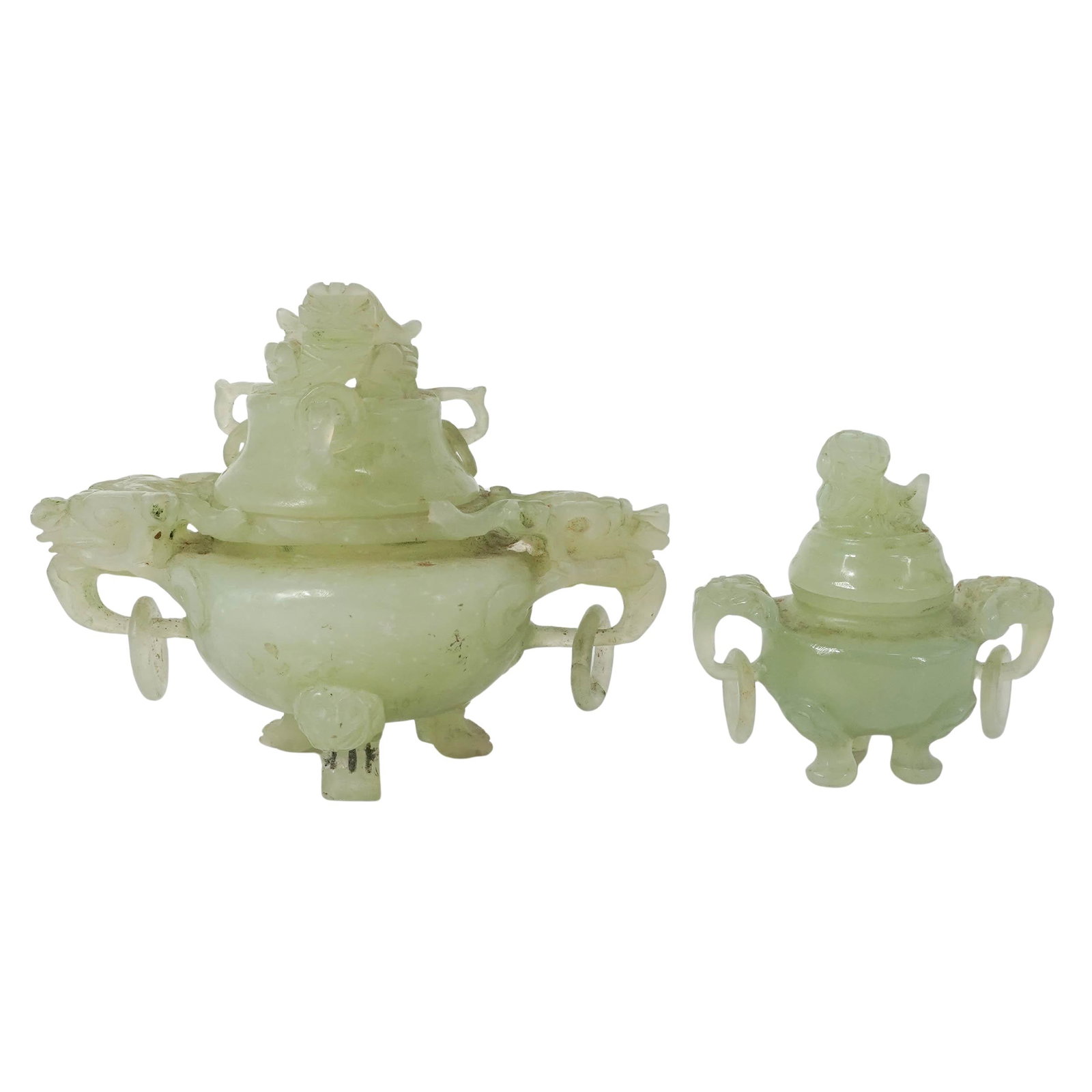 (2 Pc) Vintage Chinese Carved Jade Incense Burners: (2 Pc) Vintage Chinese Carved Jade Incense Burners Mid-20th Century, China. Pair of Chinese-style carved hardstone tripod incense burners, each with domed cover surmounted by a foo dog finial, flanked