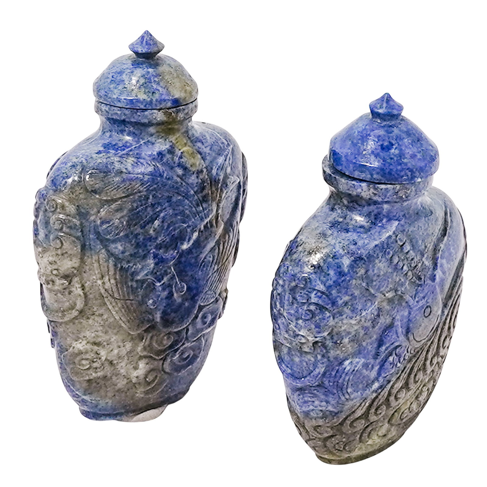 (2pc) Chinese Carved Lapis Lazuli Snuff Bottles: (2pc) Chinese Carved Lapis Lazuli Snuff Bottles Early 20th. Chinese These are a pair of antique Chinese lapis lazuli snuff bottles with their original stopper and spoon. Hand-carved from solid lapis l