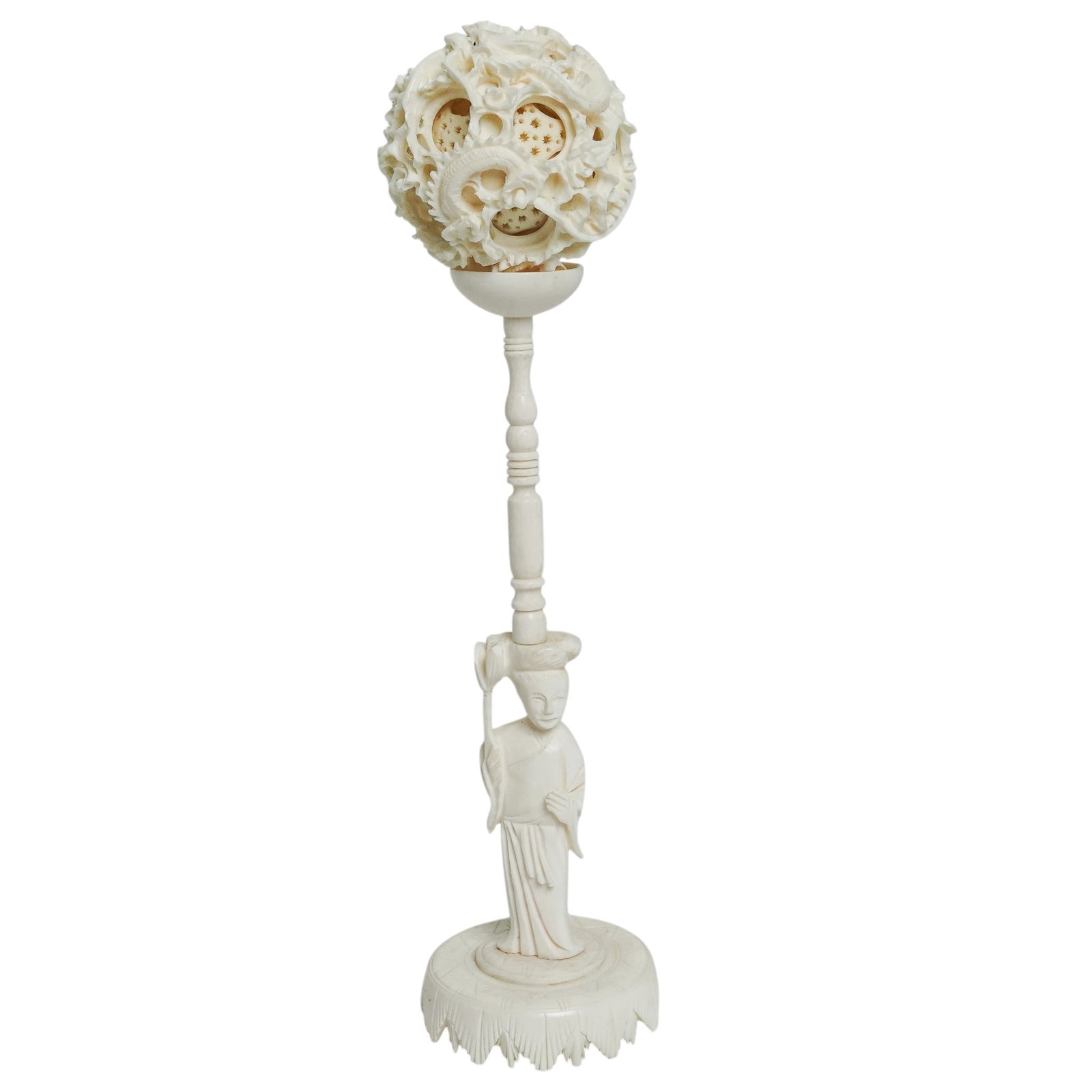(2 Pc) Chinese Carved Bone Puzzle Ball With Stand: (2 Pc) Chinese Carved Bone Puzzle Ball With Stand 20th Century, China. Finely carved bone, Chinese openwork puzzle ball, intricately worked with multiple concentric layers of pierced decoration, raise