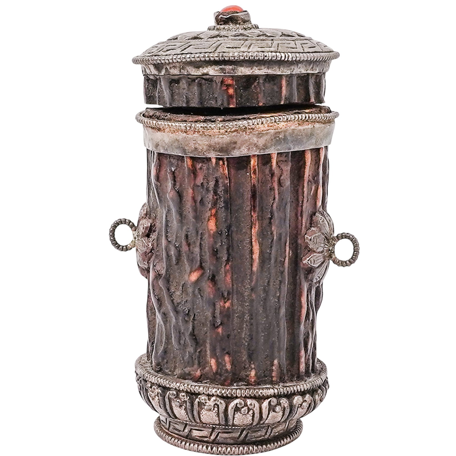 Tibetan Silver Mounted Antler Snuff Box: Tibetan Silver Mounted Antler Snuff Box 20th c., Tibet Carved antler snuff bottle decorated with intricate silverwork on the lid and around the top and bottom bands. A piece of coral is set into the t