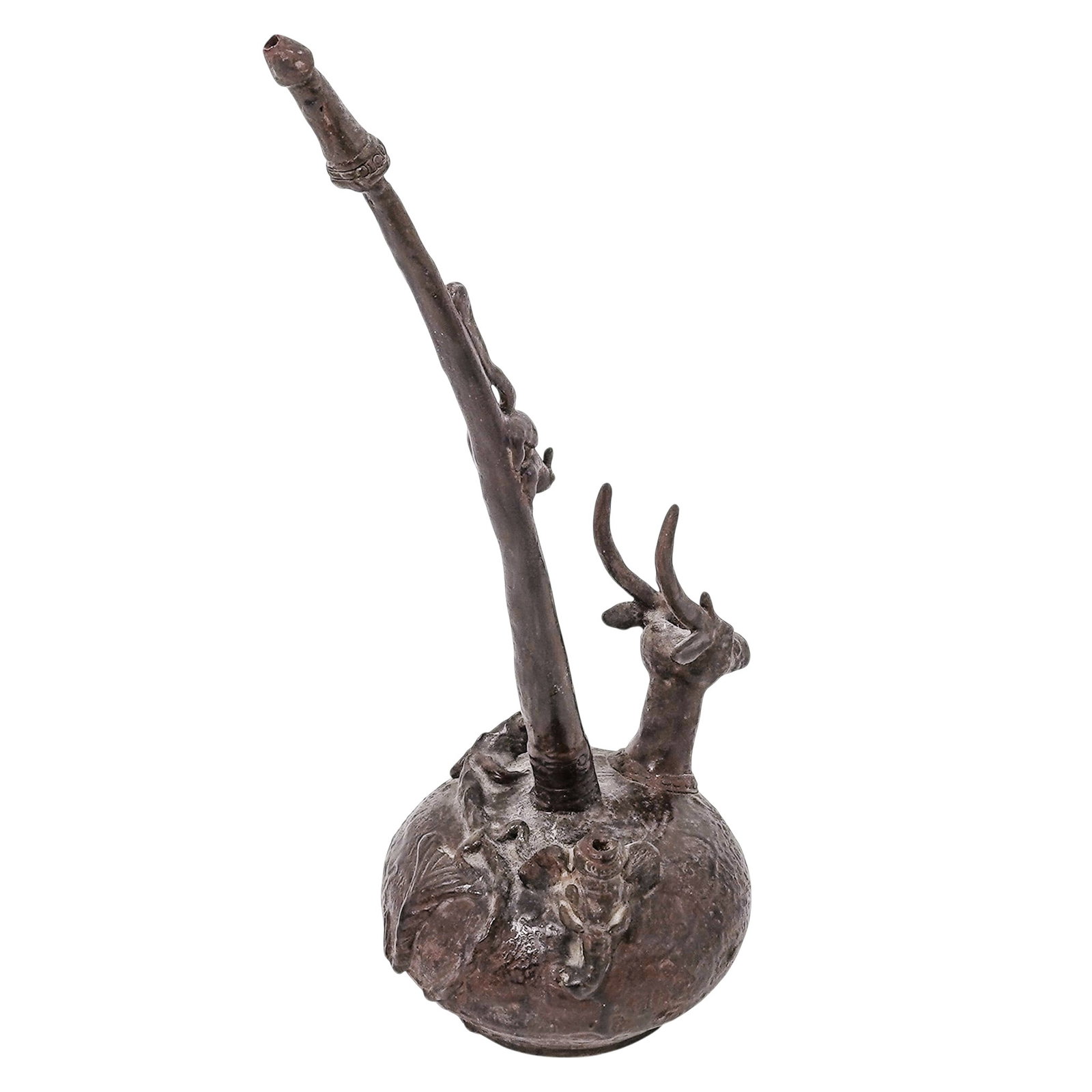 Southeast Asian Ceramic Figural Animal Pipe: Southeast Asian Ceramic Figural Animal Pipe 20th c., Asia Handcrafted ceremonial tobacco or opium smoking pipe featuring a large, bulbous base with a lizard, an elephant head, and a deer head surround